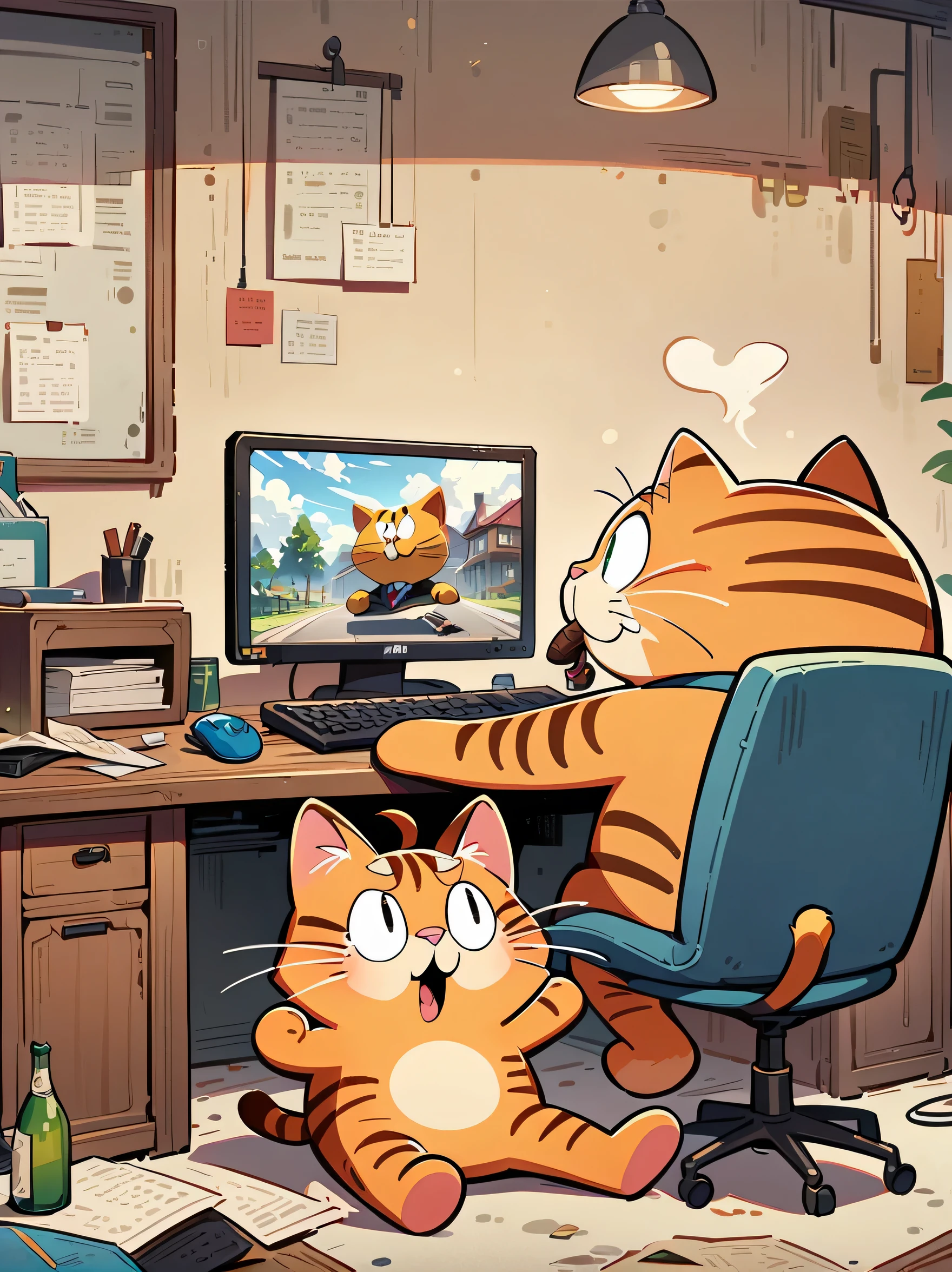 cartoon illustration，simple，Depicts the anthropomorphic Garfield cat，Take the CEO position&#39;office、smoke，oak table、(exhibit)、(Tap the keyboard)、suit、tie、cigar、smokes、wooden furniture、witty、confidence，correct human anatomy，(The content is very detailed，Reasonable design，clear lines，HD，masterpiece，official art，movie lighting effects，8K）