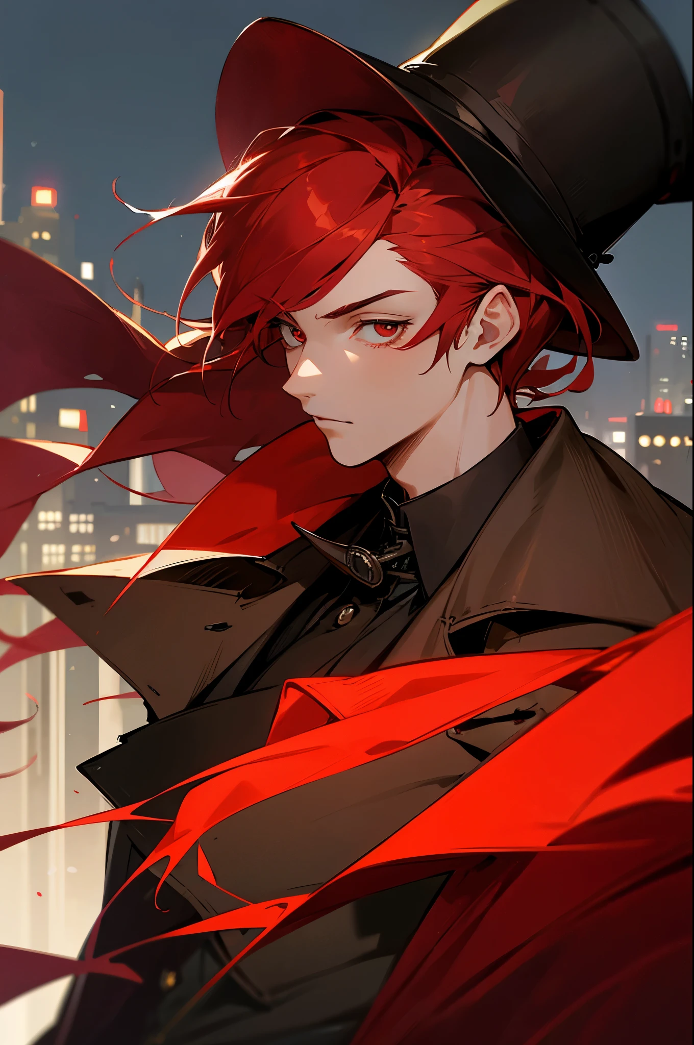 1boy, detailed face, detailed eyes, red hair, red eyes, coat, hat, holding cane, victorian clothes, outdoors, night, city