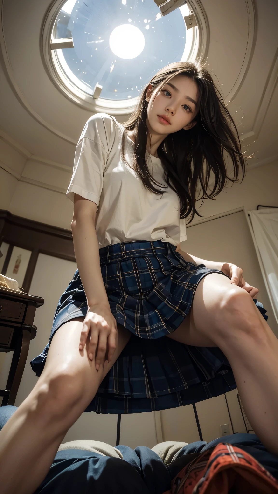 masterpiece, best quality, ultra-detailed, panchira, photo of 18 y.o girl, cute, ((kpop idol)), no panties, sitting, pantyshot, skirt, school uniform, socks, black hair, shirt, blurry, blurry background, kneehighs, white shirt, loafers, realistic, long hair, lips, brown eyes, bowtie, pleated skirt, bow, indoors, hotel lobby, brown footwear, (Front view:1.37), (open your legs wide, ((spread legs))), (NSFW:1.175)