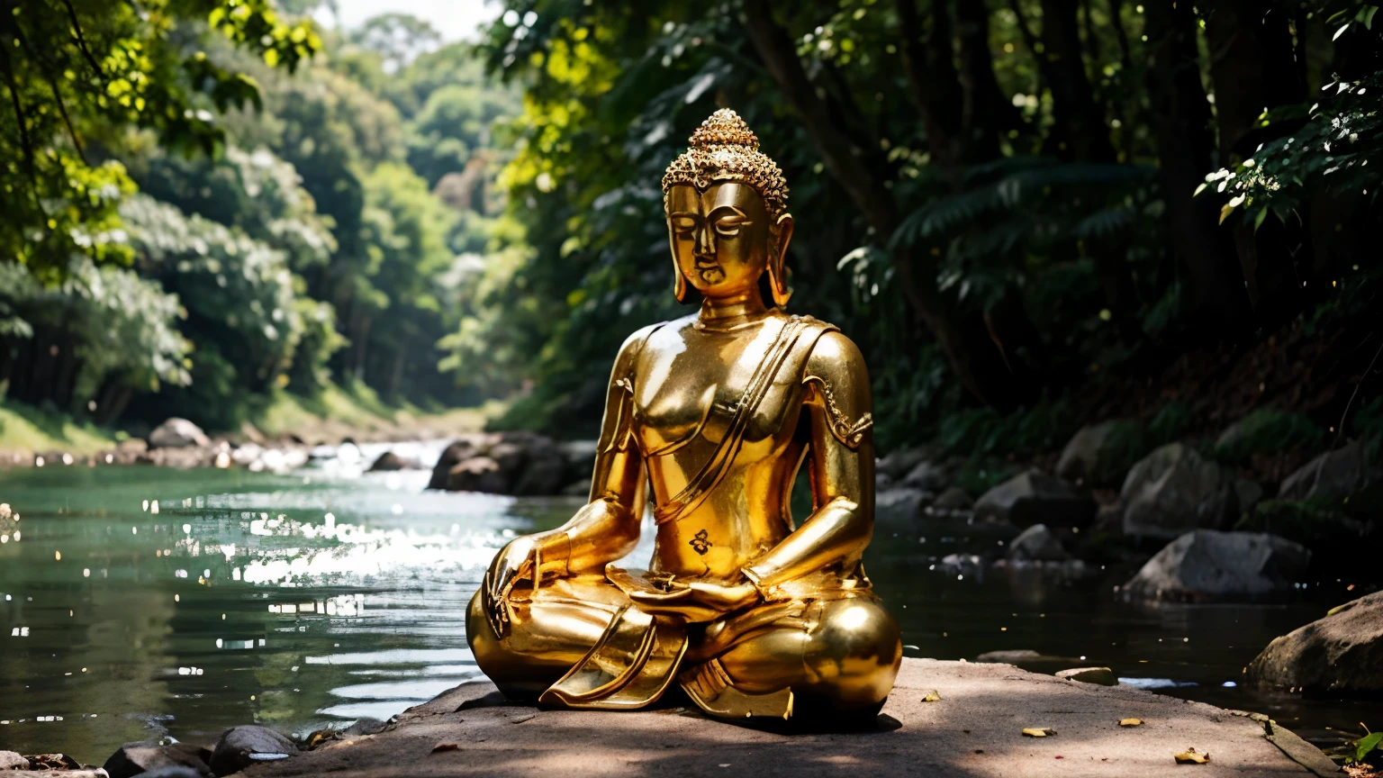 A SEMIMUSCULAR gold and white BUDDHA ~ beautiful and ultra detailed, sitting among trees and green leaves near a river . sitting posture. very stylized. depth of field, bokeh effect, backlit, elegant, stunning, visually rich, long lasting masterpiece.