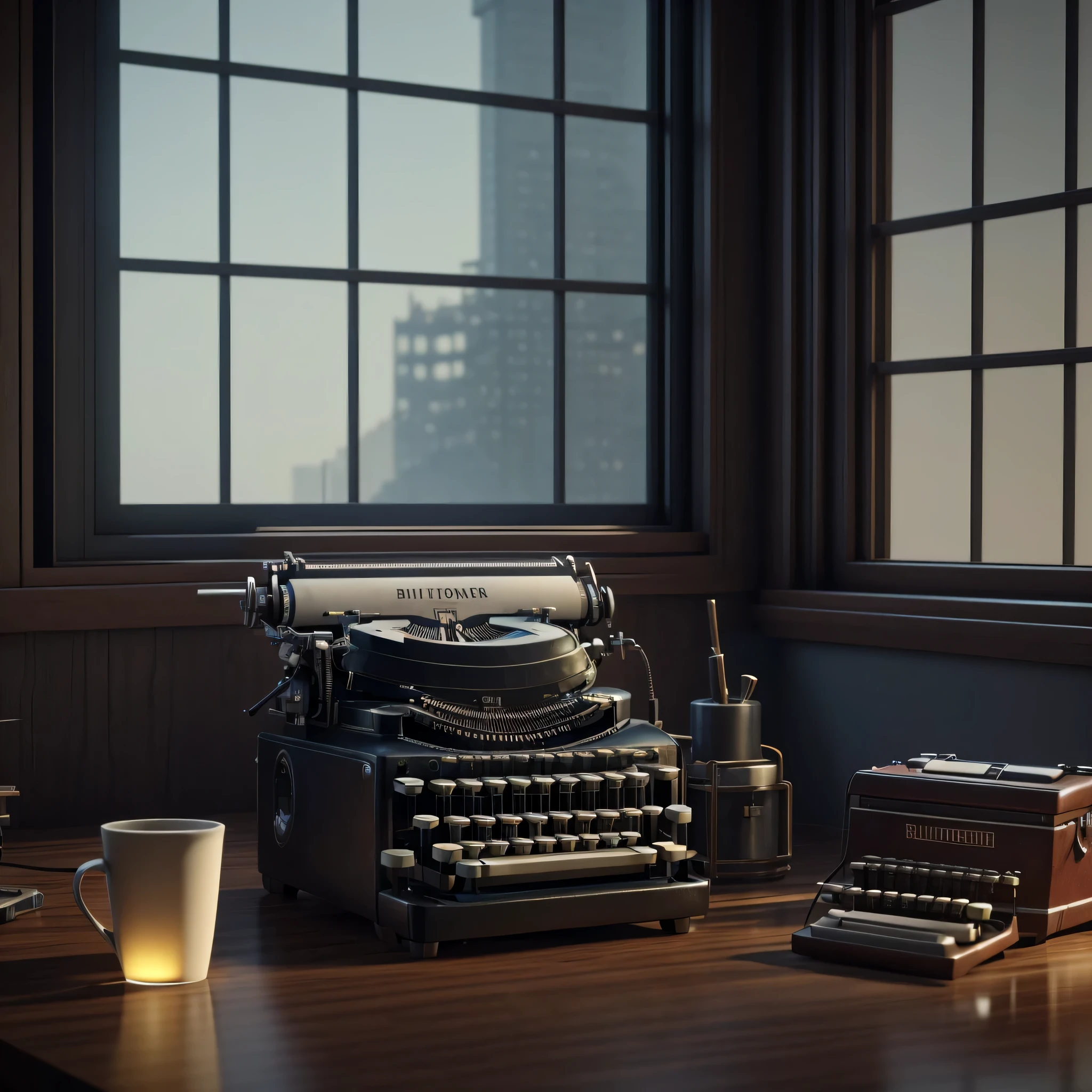 there is a typewriter sitting on a desk in front of a window, unreal engine. retro film still, photorealistic cinematic render, detailed cinematic render, ultra realistic render, daily render, old cgi 3 d rendered bryce 3 d, cryengine render, realistic cinema 4 d render, greg rutkowski. octane render, semi - realistic render, cryengine render 8 k