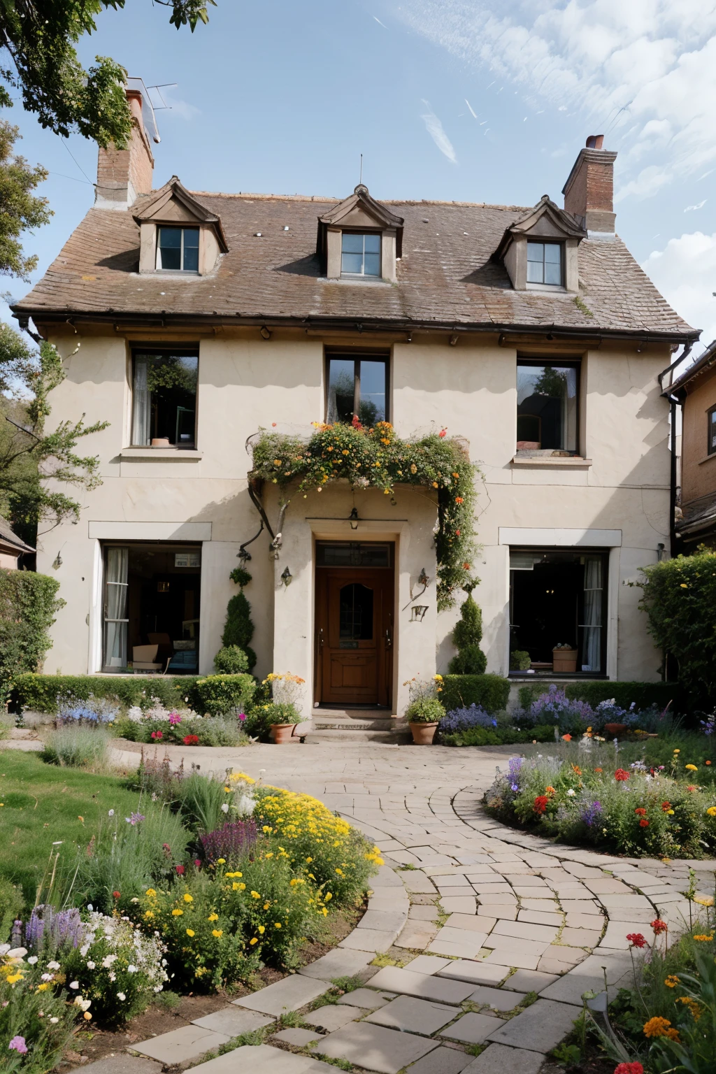 Image of a traditional-style country house, with red brick walls and white windows, surrounded by a well-kept garden, with colorful flowers outside.