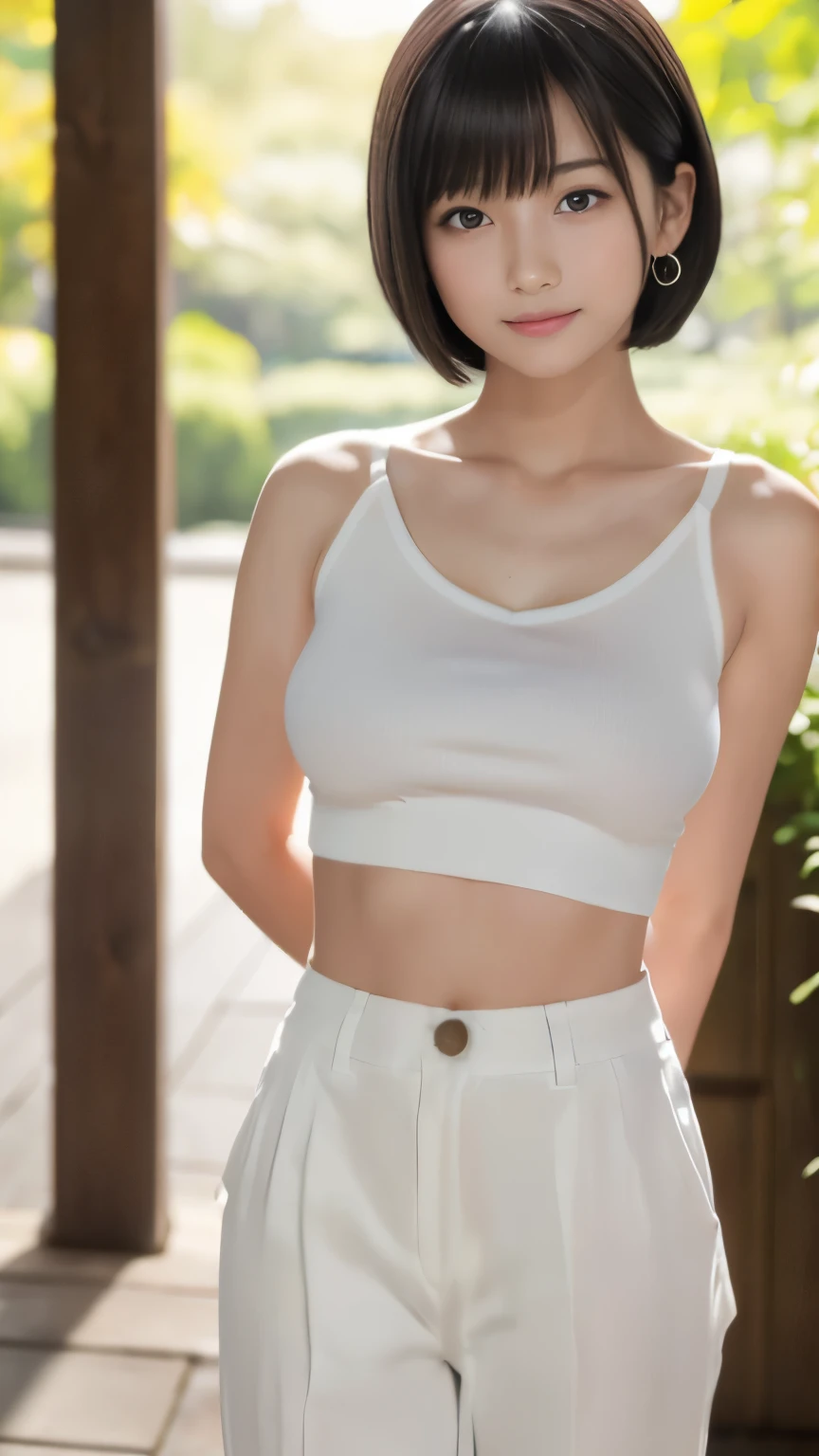 Masterpiece, Best-quality, RAW-photo, Ultra-High-Resolution, Photorealistic,
(Anatomically correct, 16-years-old, Realistic Japanese girl, photographer's lover, She truly loves photographer, baby face, cute face, Perfect body, slim waist and busty body, Slender legs, Large breast, Realistic skin),
((Uniqlo, white tuck wide pants, white tank top:1.3)),
(maiko, Round face, Black hair, Black eyes, Moist eyes, Shining eyes, Short bob cut, Bangs, Down-slating eyebrows, one little earring, Light blush),
(See photographer, look at viewer, standing),
(goddess smile, pamper someone you love, facial expressions that seduce men),
(huge park),
Natural lighting, full length