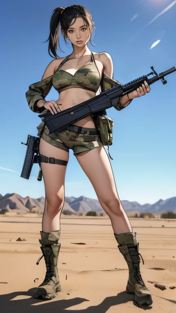 1 girl,A cute girl wearing a camouflage bikini top and shorts is holding a large rifle and looking at us.、Idol level cuteness、black hair ponytail、Slender but big breasts、belly button、healthy thighs、anatomically correct、accurate limbs and fingers、Breasts that seem to overflow from the tiny camouflage pattern bikini top、erect nipples、tiny shorts、wearing military equipment、Accurately drawn large rifle、combat boots、In the desert ruinasterpiece、photorealism、