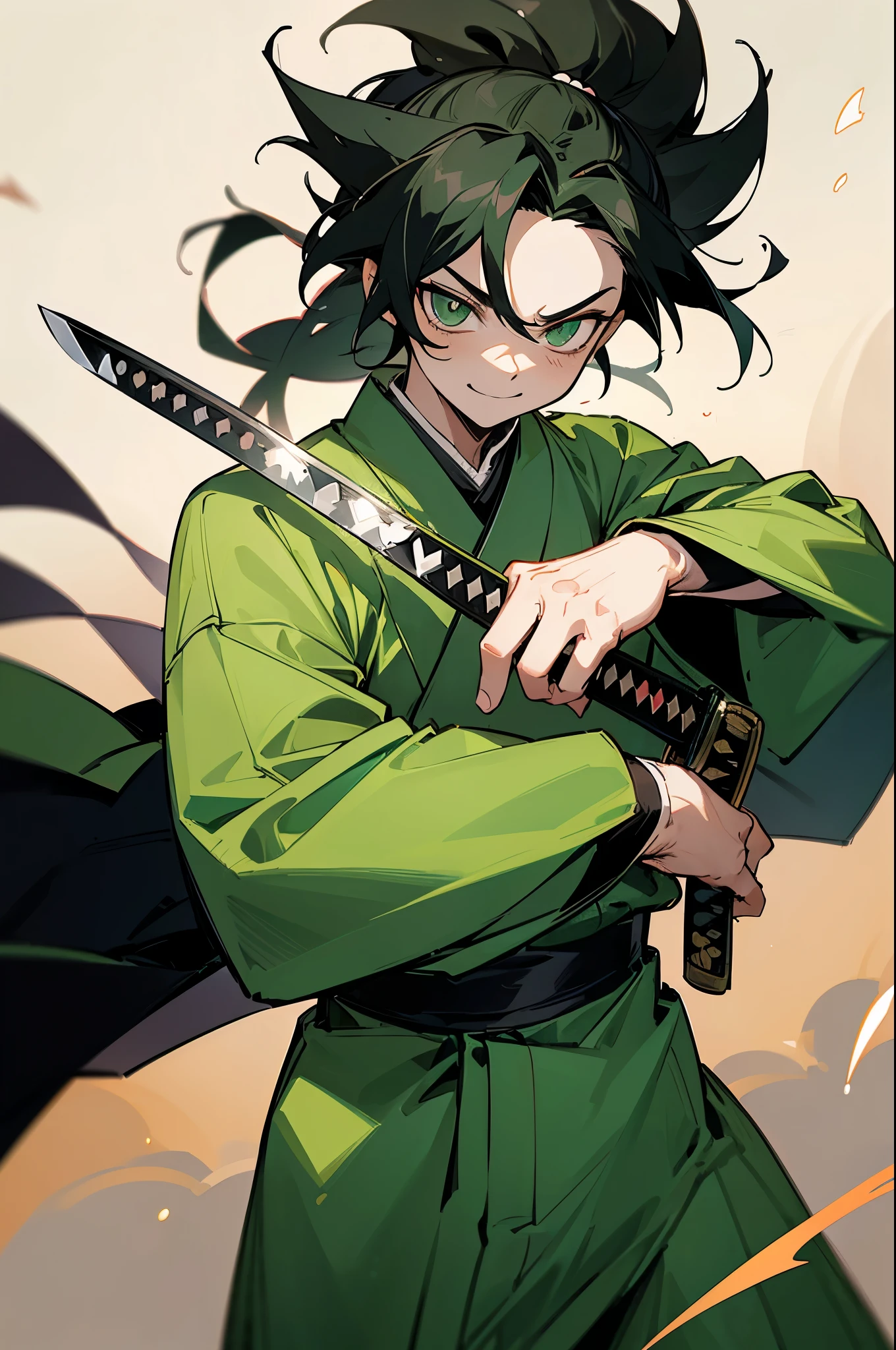 ((best quality)), ((ultradetailed)), ((masterpiece)), best quality (katana: 1.4), serious,(at night: 1.4), a 16-year-old who has his big black hair, which goes up to his waist. Your hair is thick and has a healthy appearance, your hair is large and not stuck, contrasting with your fair skin. The young man's eyes are emerald green, and are deep, expressive, and intense like two clear pearls. They reflect calm and an inquisitive curiosity. He has a big smile on his face and a watchful eye. With his upright posture, the young man shows a confident bearing and a cheerful and hyperactive aura. He wears a green kimono with prints in geometric shapes in the theme of demon slayer, made of a quality fabric. giving him the look of a swordsman. At his waist, he carries a white katana with gray details on the blade. The long, sharp blade is made of polished steel, its coloration is white, and it is reflecting light. He's in a green and beautiful field. He has a cheerful face. Kimetsu no Yaiba style, alone, 1boy, demon slayer style, loose hair, petulant look, smiling, confident, only 1, spilled hair, loose and big hair, demon slayer artstyle
