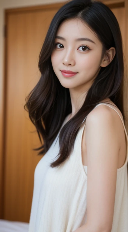 ( (8K:1.27), Best quality at best, tmasterpiece, ultra high resolution:1.2) photore,Beautiful Chinese woman (big breasts beautiful:1.1) (The clothes ar:1.21) ,ellegance、fanciful、the detail、geomerty、Gradient lighting,1girll, Delicate skin, looking at viewert, Brown eyes,ssmile ,(fashion hair:1.2), (Large breasts:1.0), (medium areolae:0.8), (realisticlying:1.4), (Best picture quality:1.0), (ultra high resolution:1.0), 8K, RAW photos, (tmasterpiece:0.2), (PureErosFace_V1:0.5)