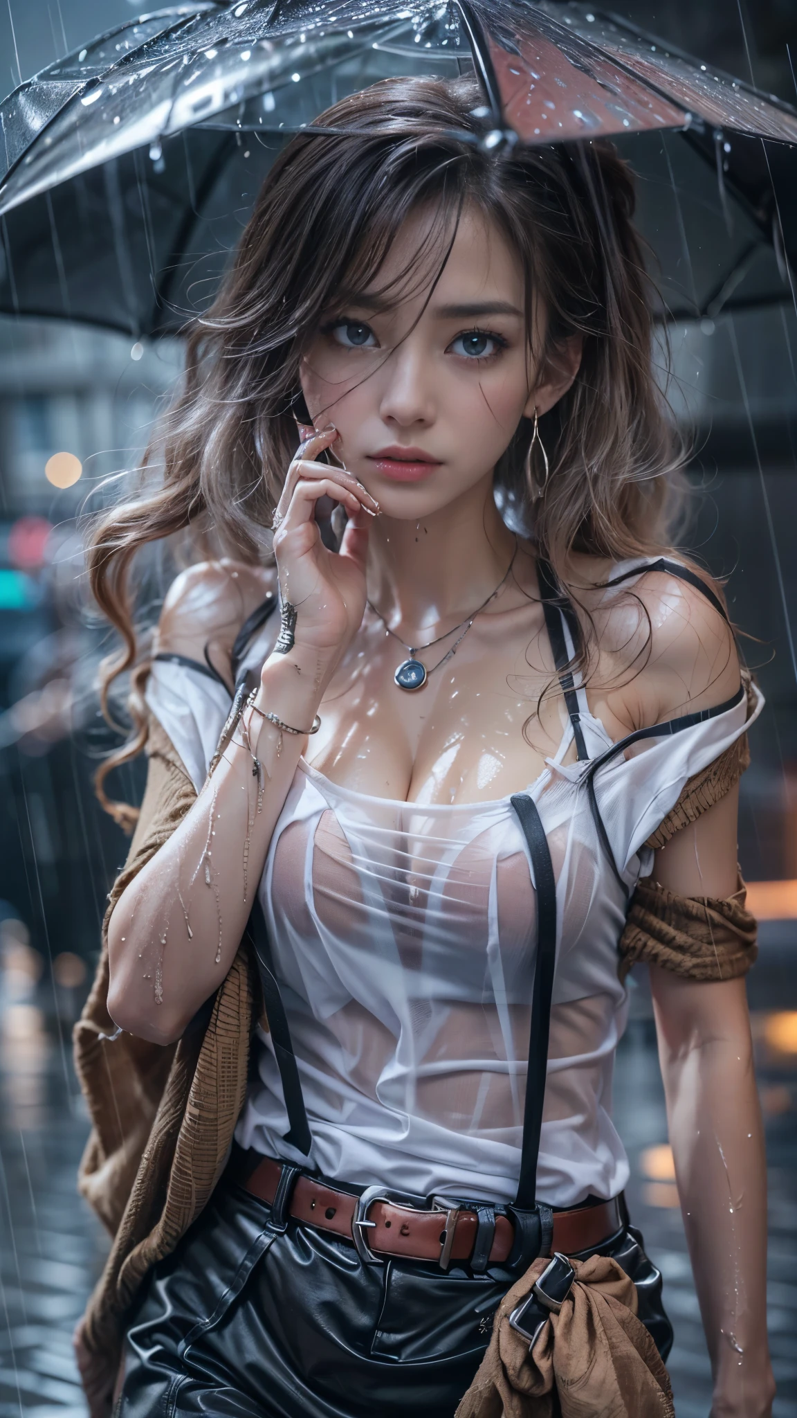 (RAW shooting, Photoreal:1.5, 8K, highest quality, masterpiece, ultra high resolution), perfect dynamic composition:1.2, Night street corner of a modern city, expression of sadness:0.5, (((Typhoon heavy rain))), Highly detailed skin and facial textures:1.2, Slim office lady wet in the rain:1.3, sexy beauty:1.1, perfect style:1.2, beautiful and aesthetic:1.1, Fair skin, very beautiful face, water droplets on the skin, (rain drips all over my body:1.2, wet body, wet hair:1.4, wet skirt:1.2, wet tank top:1.3), belt, (Medium chest, Bra see-through, Chest gap), (cry, lovelorn, The expression on your face when you feel intense caress, Facial expression when feeling pleasure), (beautiful blue eyes, Eyes that feel beautiful eros:0.8), (Too erotic:0.9, Bewitching:0.9), cowboy shot, Shoulder bag, necklace, earrings, bracelet, clock