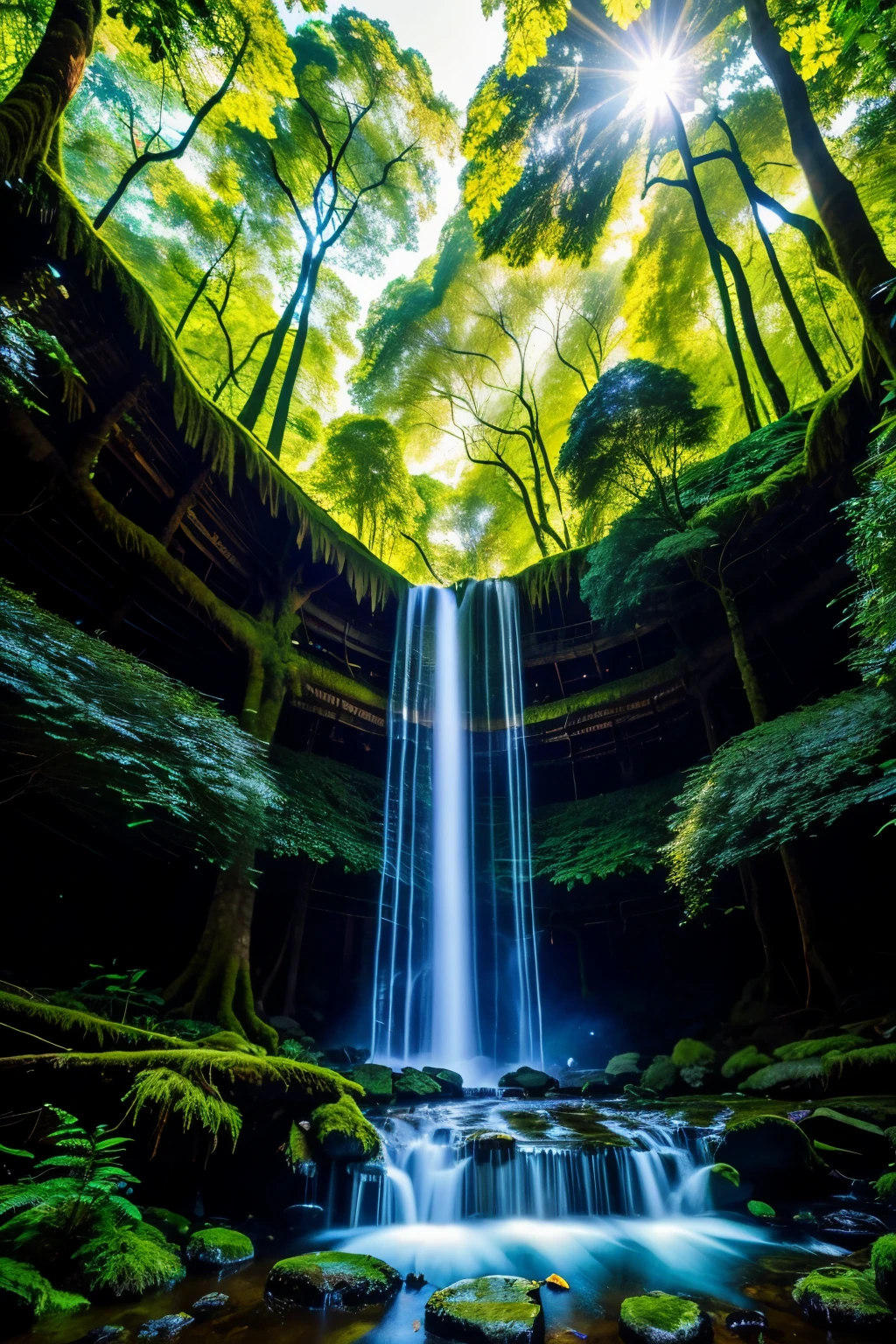 In the enchanted heart of a magical forest, a colossal tree of vibrant, kaleidoscopic leaves stands as a wise sentinel. Its ancient bark, etched with the secrets of the forest, murmurs tales of old to a mesmerizing assembly of luminous fairies. Delicately balanced on its sprawling branches, they dance in sync with the gentle zephyrs, their luminous wings shimmering in the soft, dappled light filtering through the canopy.
A celestial waterfall of liquid light cascades from the heavens above, illuminating the forest floor with an ethereal glow. The sunlight merges with the distant