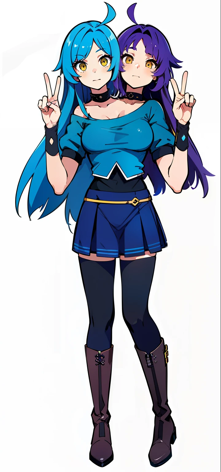 (masterpiece),(ultra-detailed), (high quality), (high resolution), (best quality:1.5, highres, UHD), highres, absurdo, ultra detail, ultra quality, 16k, ((2heads:1.5)), 1girl, anime girl with two heads, (blue dyed hair), (purple dyed hair), different hair color, (yellow eyes), ahoge, chokers, holding out peace signs, black t-shirt, blue top, black wristbands, , blue skirt, black stockings, high boots,white room background, v sign hand gesture
