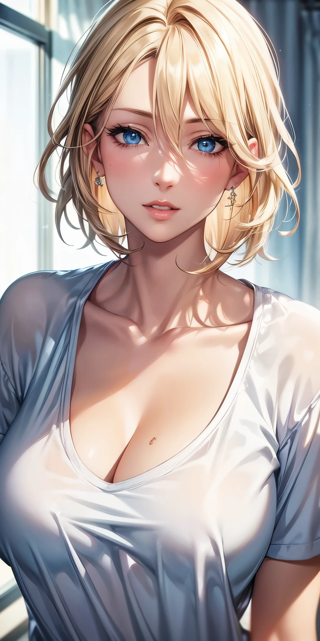 portrait, realistic, elegant mature woman, blue eyes, brown blonde hair, swept-side bang, 4k resolution, high quality cg, beautiful cg, soft light