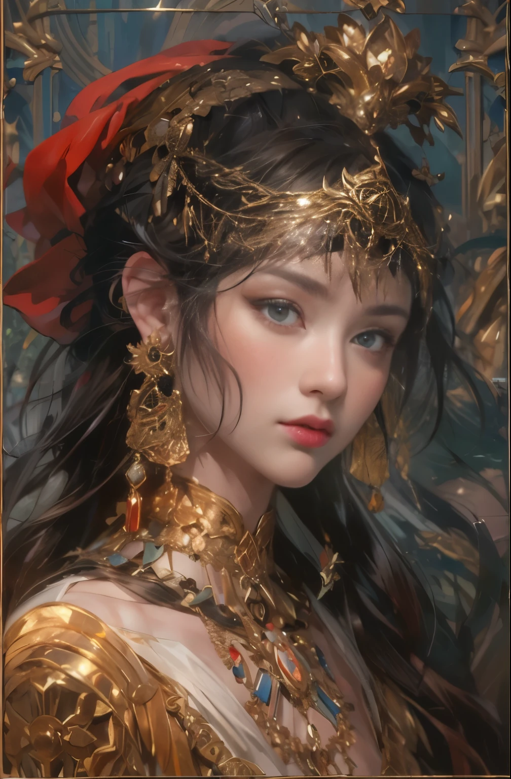 Gold and red tones、fantasy、Ancient mythology、ancient mesopotamia、hour of dusk、Mysterious、solemnity、majestic、highest quality, masterpiece、Ishtar, goddess of war、majestic hall々, battlefield commander、Guardian of Babylon、increase fighting spirit、queen of babylon, invincible general、Majestic Hall々、Brave、glory of babylon、honor of babylon、Treasure of Babylon, veteran hero、The unparalleled beauty of elongated eyes、refinement、Noble、i am proud、Wearing Noble jewelry、Equip your weapons、looks like fancy golden armor、cloak fluttering in the wind、Tall and lean、fiery red long hair、perfect angle、perfect composition、Low - Angle、Full body Esbian, Works that influenced Chen Yifei, Works that influenced Francesco Hayes, Inspired by Hendrik Terbruggen, Jean=Works that influenced Auguste Dominique Ingres, Works that influenced Liu Jun, Jean=Works that influenced Auguste Dominique Ingres, highest quality, perfect angle, perfect composition, best shot, official art, cinematic light, figurative art, Beautiful and expressive paintings, Beautiful artwork illustration, wonderful, cool beauty, clear, Mysterious, highest quality, official art, Very delicate and detailed painting style, Beautiful painting art, perfect light, perfect composition, perfect angle, The perfect subject, best shot, women only, sharp outline, pretty much beautiful face, very beautiful and delicate eyes, delicate and beautiful eyes, Close-up