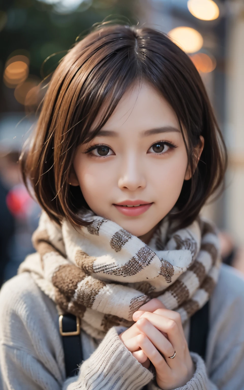 Cute 21 years old Japan、Christmas、dinner、mouth-watering、a smile、Super Detail Face、Eye of Detail、double eyelid、beautiful thin nose、sharp focus:1.2、prety woman:1.4、(light brown hair,short cut hair, White skin、top-quality、glow、masterpiece、超A high resolution、(Photorealsitic:1.4)、cute fancy winter clothes、colorful muffler、
