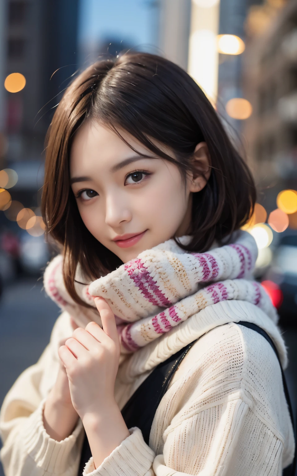 Cute 21 years old Japan、Christmas、dinner、mouth-watering、a smile、Super Detail Face、Eye of Detail、double eyelid、beautiful thin nose、sharp focus:1.2、prety woman:1.4、(light brown hair,short cut hair, White skin、top-quality、glow、masterpiece、超A high resolution、(Photorealsitic:1.4)、cute fancy winter clothes、colorful muffler、