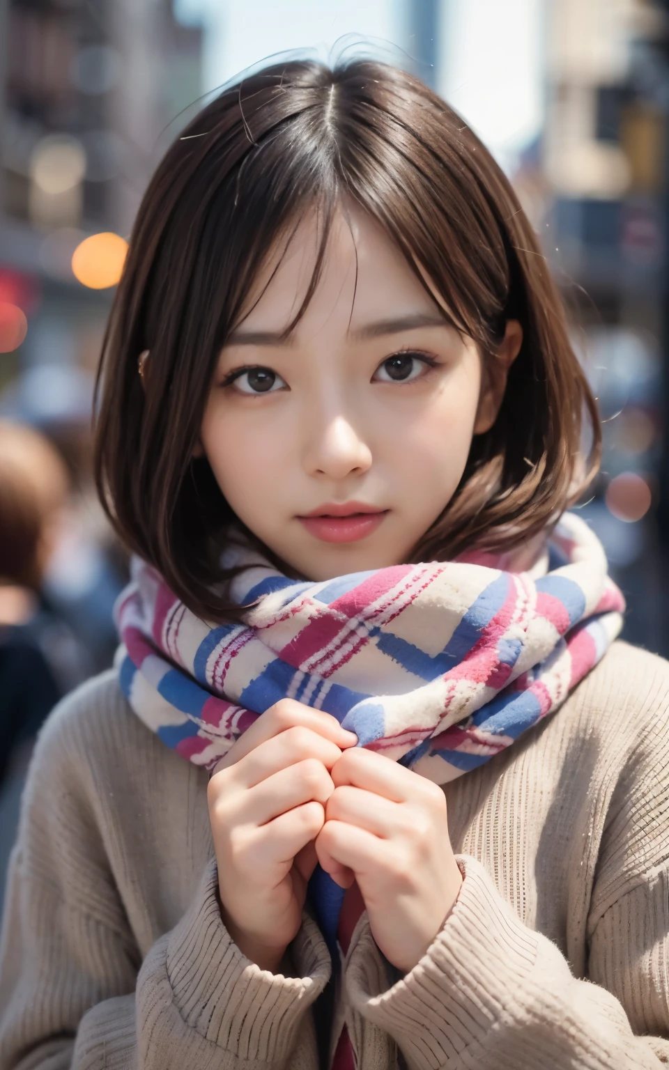Cute 21 years old Japan、early evening、shopping、Super Detail Face、Eye of Detail、double eyelid、beautiful thin nose、sharp focus:1.2、prety woman:1.4、(light brown hair,short cut hair, White skin、top-quality、glow、​masterpiece、超A high resolution、(Photorealsitic:1.4)、cute fancy winter clothes、colorful muffler、