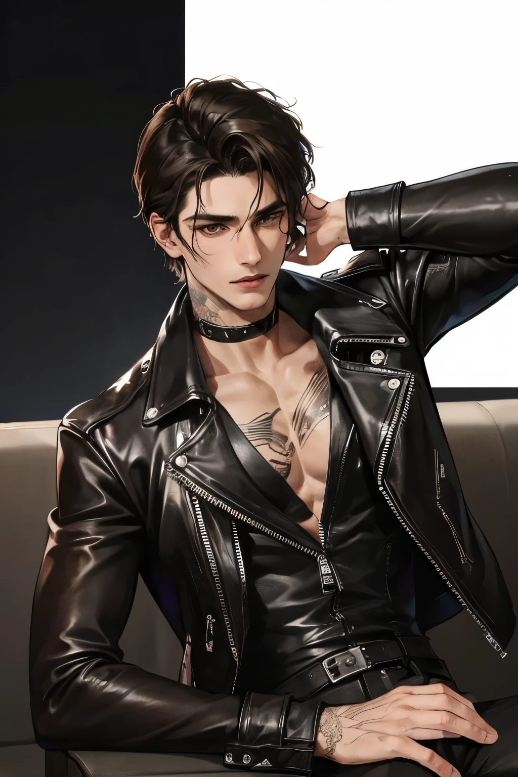cover for a book, photography of a sexy rider man, a solo man, (((man))), (masculine face), 25 years old, motor rider, big bad boy, (brown eyes), expressive look, curly black hair, (((dark background))), shine hair, unshaven, leather jacket, tattoos, super detailed face, perfect body, perfect shapes, realistic image, award winning photography, 8k,