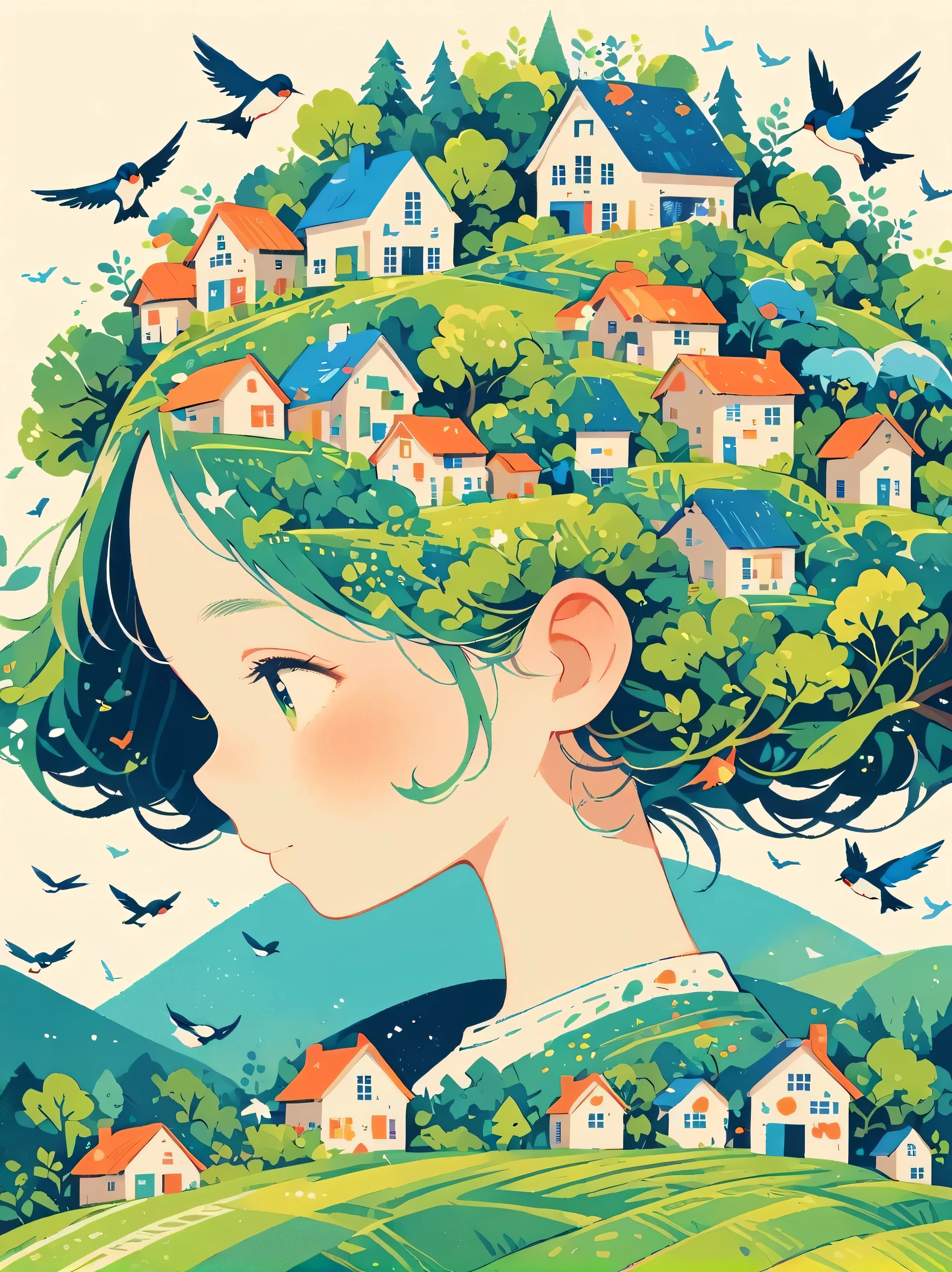 ((long shot:1.8)), (masterpiece, best quality:1.2), (plane vector:1.3),Art concept art,minimalist style,simple,1 girl,House with blue accents overhead、Hair decorated with natural and house elements,birds flying around,Surrounded by birds,swallow、Fantasy illustration of trees and hills