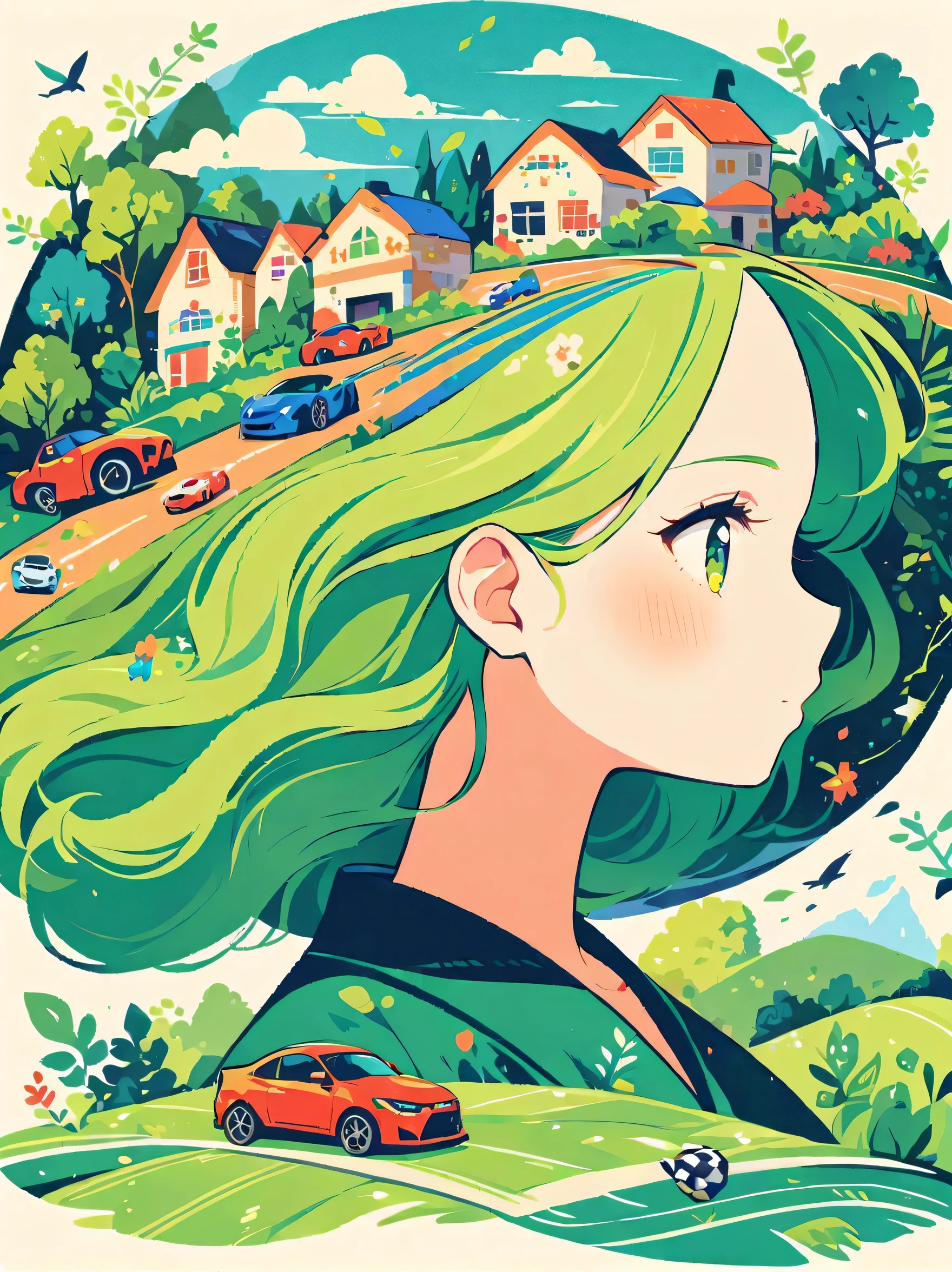 ((long shot:1.8)), (masterpiece, best quality:1.2), (plane vector:1.3)，Art concept art，minimalist style，simple，equinox girl, 1 girl，A track with a green tint overhead、Hair decorated with track and sports car elements，Fantasy illustration of racing car speeding on a curved track，Evoke the allure of captivating racing scenery。The background blends in with her hair，exuding tranquility，Works created，Capture the beauty of nature。Illustrations symbolizing humans and the environment，Whimsical illustrations using avatars and natural house patchwork patterns，dream concept