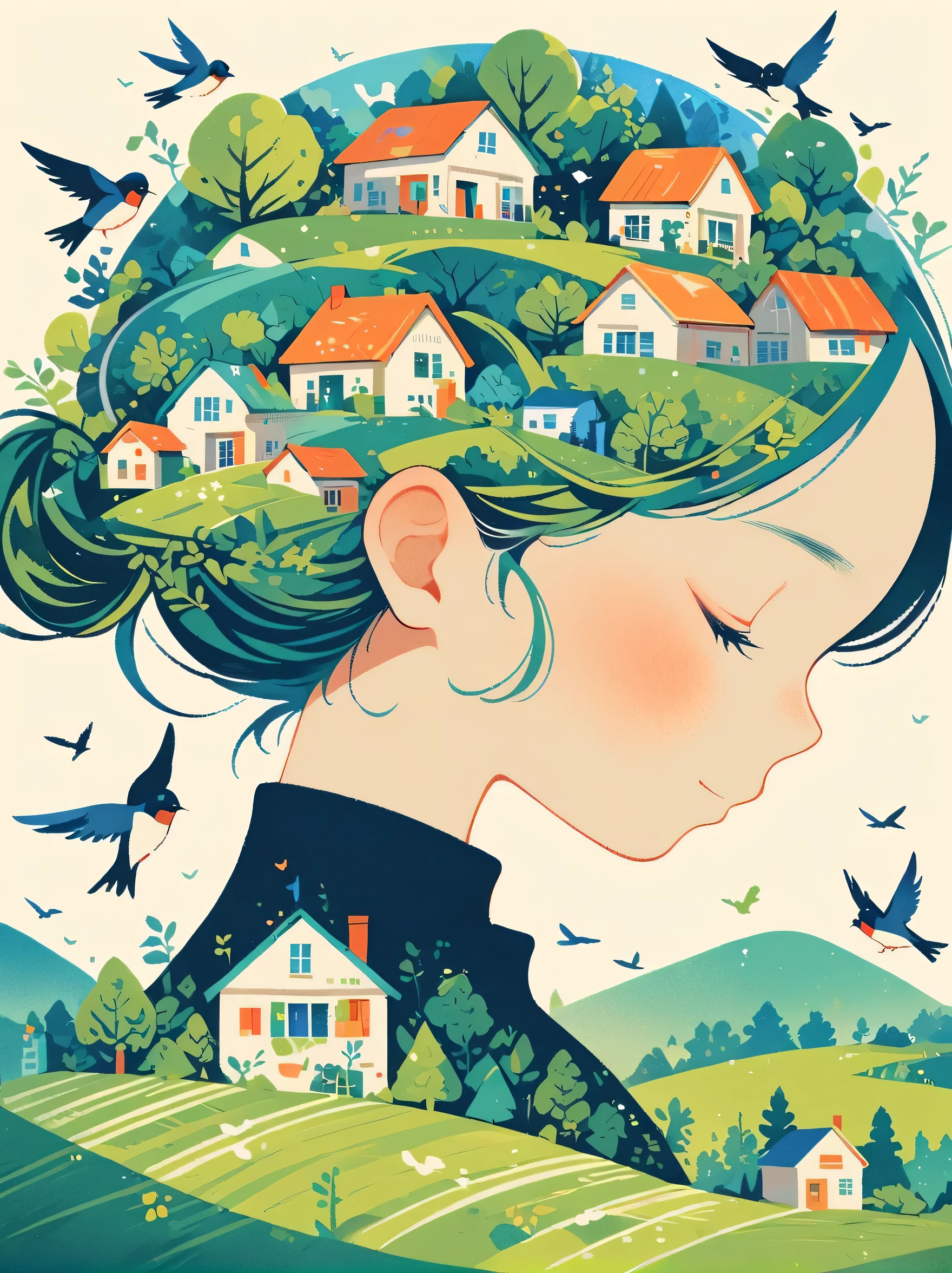 ((long shot:1.8)), (masterpiece, best quality:1.2), (plane vector:1.3)，Art concept art，minimalist style，simple，1 girl，House with blue accents overhead、Hair decorated with natural and house elements，birds flying around，Surrounded by birds，swallow、Fantasy illustration of trees and hills