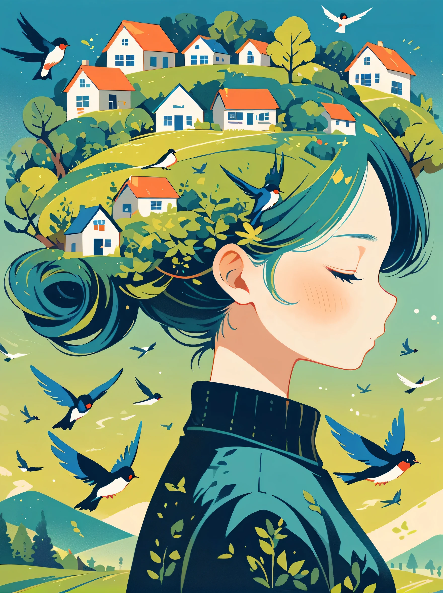 ((long shot:1.8)), (masterpiece, best quality:1.2), (plane vector:1.3)，Art concept art，minimalist style，simple，1 girl，House with blue accents overhead、Hair decorated with natural and house elements，birds flying around，Surrounded by birds，swallow、Fantasy illustration of trees and hills