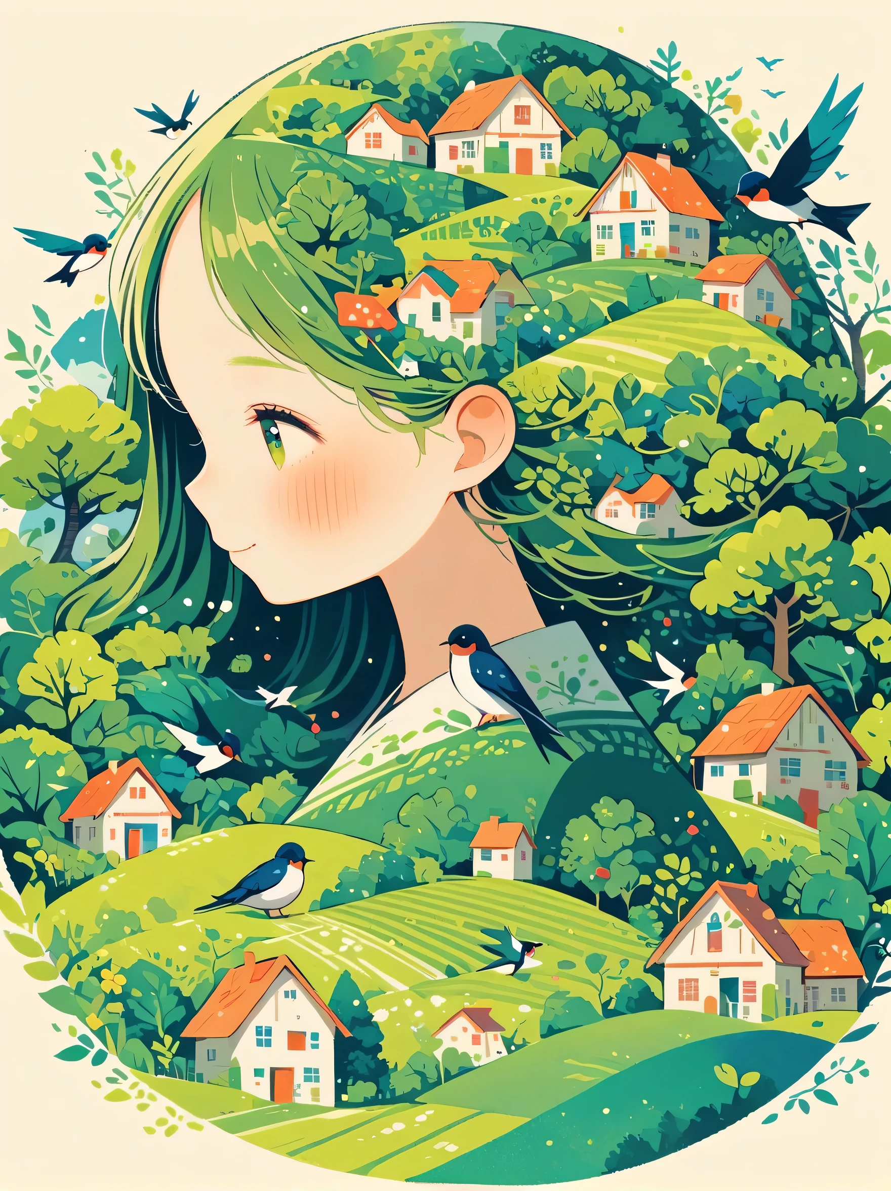 ((long shot:1.8)), (masterpiece, best quality:1.2), (plane vector:1.3),Art concept art,minimalist style,simple,equinox girl, 1 girl,House with green accents overhead、Hair decorated with natural and house elements,birds flying around,Surrounded by birds,swallow、Fantasy illustration of trees and hills,Evoke the charm of stunning rural landscapes。The background blends in with her hair,exuding tranquility,Works created,Capture the beauty of nature。Illustrations symbolizing humans and the environment,Whimsical illustrations using avatars and natural house patchwork patterns,dream concept