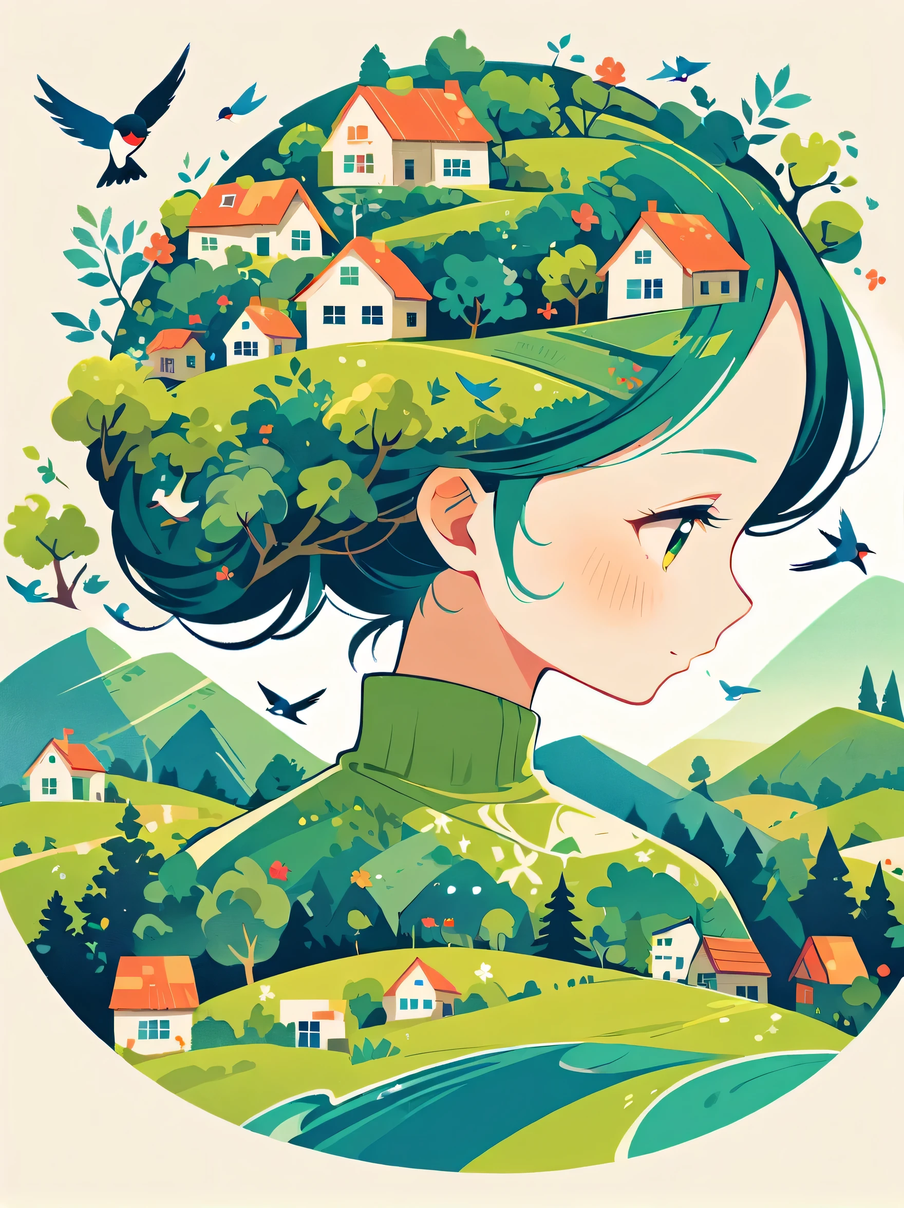 ((long shot:1.8)), (masterpiece, best quality:1.2), (plane vector:1.3)，Art concept art，minimalist style，simple，equinox girl, 1 girl，House with green accents overhead、Hair decorated with natural and house elements，birds flying around，Surrounded by birds，swallow、Fantasy illustration of trees and hills，Evoke the charm of stunning rural landscapes。The background blends in with her hair，exuding tranquility，Works created，Capture the beauty of nature。Illustrations symbolizing humans and the environment，Whimsical illustrations using avatars and natural house patchwork patterns，dream concept