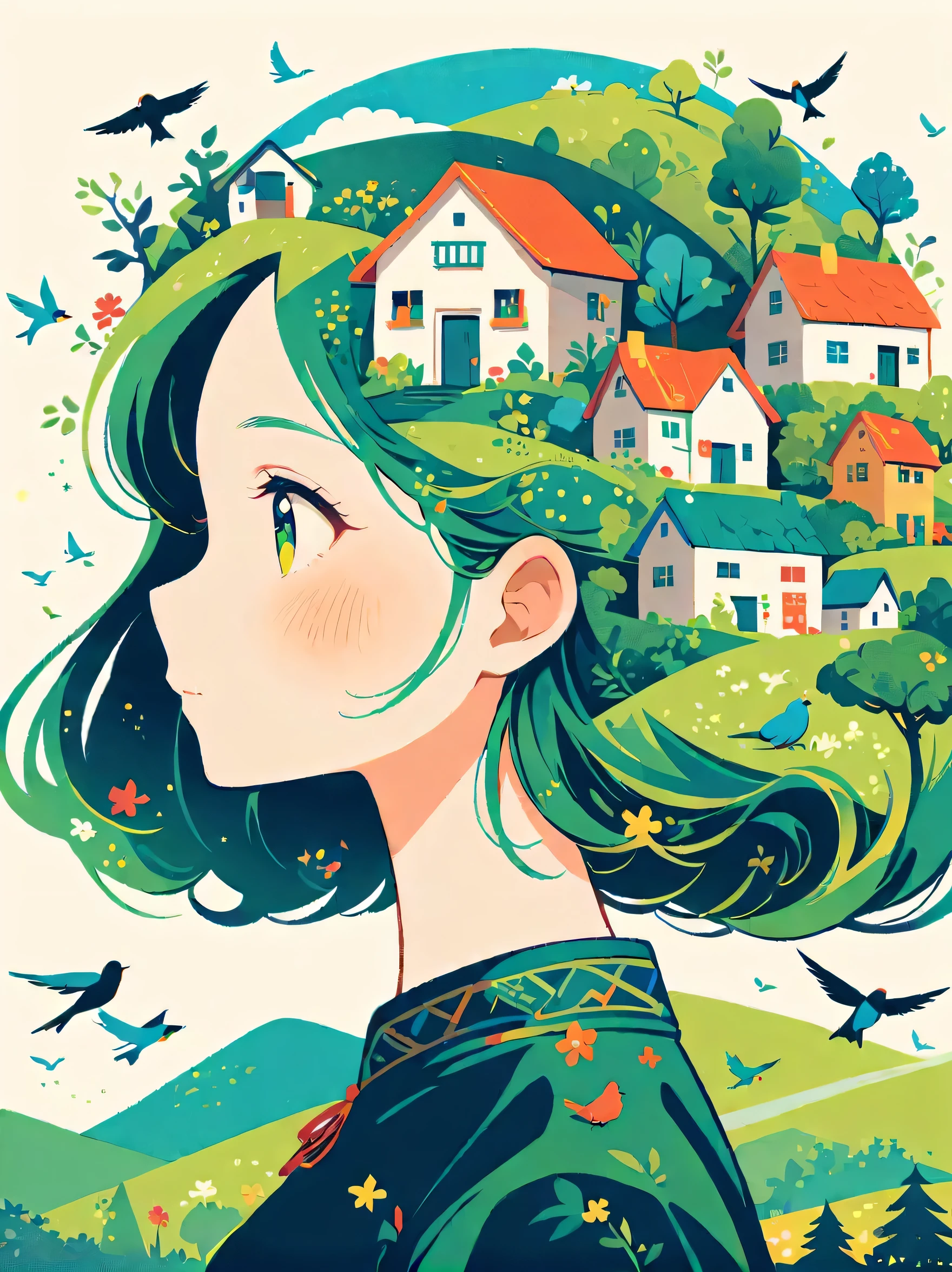 ((long shot:1.8)), (masterpiece, best quality:1.2), (plane vector:1.3)，Art concept art，minimalist style，simple，equinox girl, 1 girl，House with green accents overhead、Hair decorated with natural and house elements，birds flying around，Surrounded by birds，swallow、Fantasy illustration of trees and hills，Evoke the charm of stunning rural landscapes。The background blends in with her hair，exuding tranquility，Works created，Capture the beauty of nature。Illustrations symbolizing humans and the environment，Whimsical illustrations using avatars and natural house patchwork patterns，dream concept