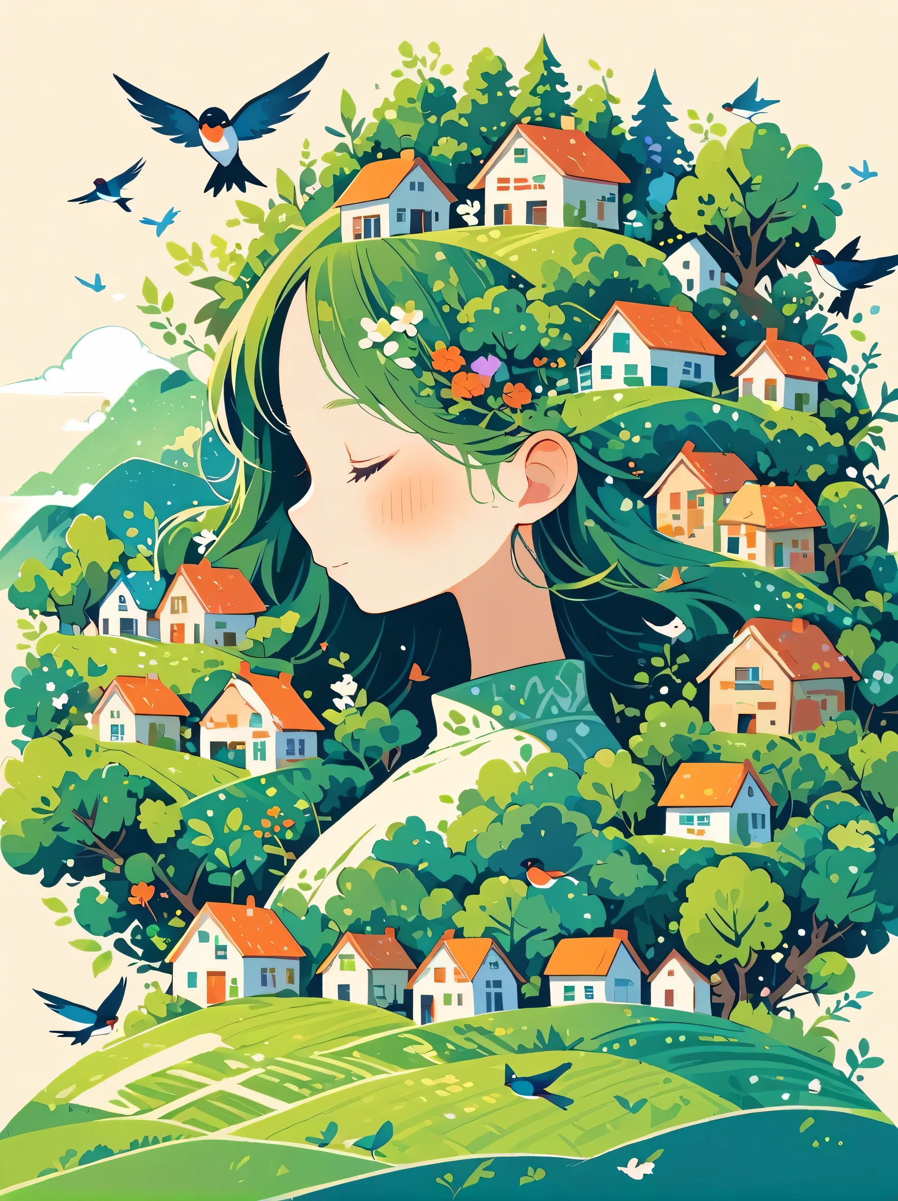 ((long shot:1.8)), (masterpiece, best quality:1.2), (plane vector:1.3)，Art concept art，minimalist style，simple，1 girl，House with green accents overhead、Hair decorated with natural and house elements，birds flying around，Surrounded by birds，swallow、Fantasy illustration of trees and hills，Evoke the charm of stunning rural landscapes。The background blends in with her hair，exuding tranquility，Works created，Capture the beauty of nature。Illustrations symbolizing humans and the environment，Whimsical illustrations using avatars and natural house patchwork patterns，dream concept