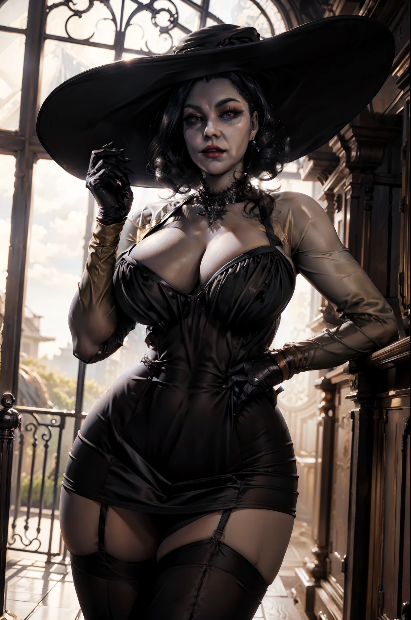 hyper-realistic digital illustration),Woman in black and collared dress,extremely large breasts, Lady Dimitrescu, delicate and curvy body,long black and curly hair,white skin