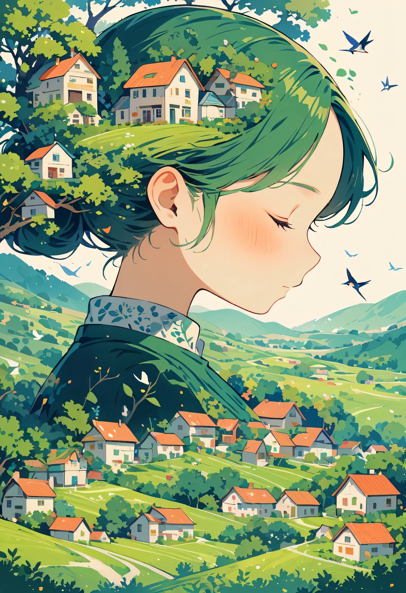 ((long shot:1.8)), (masterpiece, best quality:1.2), 1 girl, alone，Girl&#39;s head decorated with whimsical house illustration, swallow, Trees and hills in green tones, Evoke the charm of charming rural landscapes. The background blends in with her hair, Exudes tranquility，Create a harmonious composition，Capture the beauty of nature. Illustration symbolizing harmony between humans and the environment, focus on face.