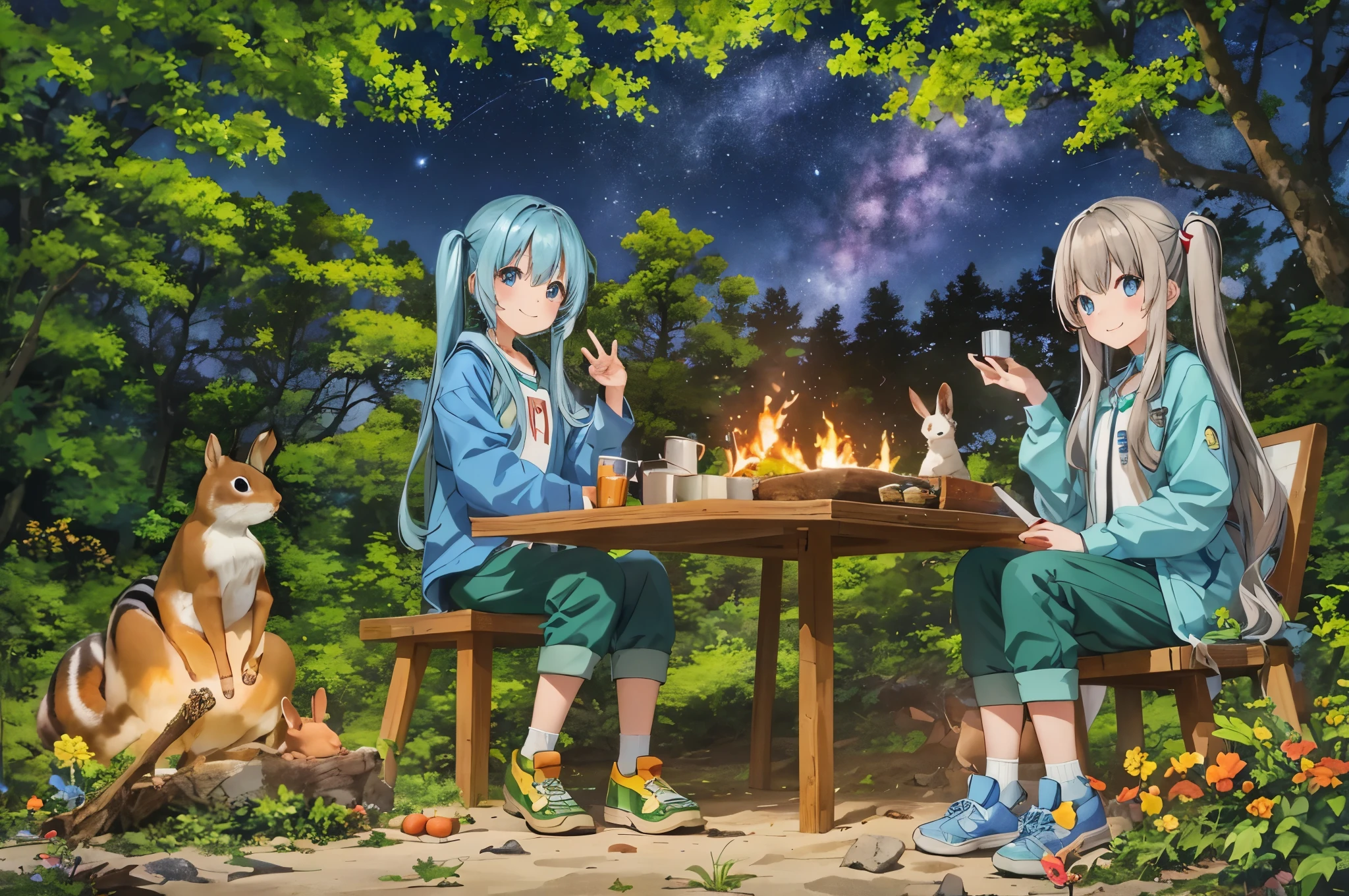 light blue long hair、twin tails、2 girls, 楽しそうなsmile、月night、starry sky、milky way、tentの前で焚き火を囲んでいる、Jacket, pants, , sitting, hiking shoes, sitting, camp, tent, night, barbecue, smile, nature, forest, campファイヤー, wood, food,forestの動物達が会いに来ています、Squirrel、Rabbit