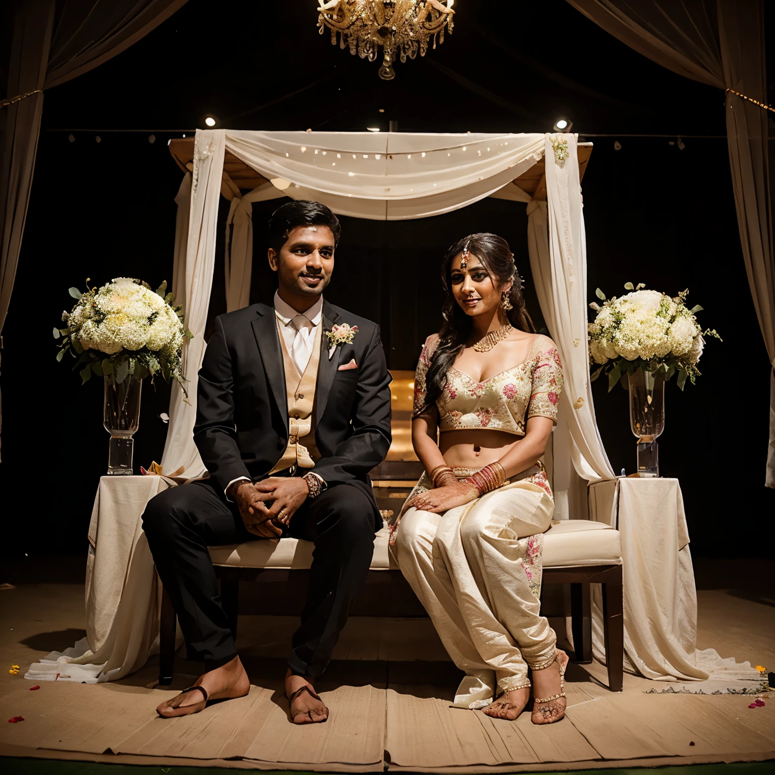 Create an image of an Indian bride and groom sitting together on a beautifully decorated stage, with floral arrangements and traditional decorations.
