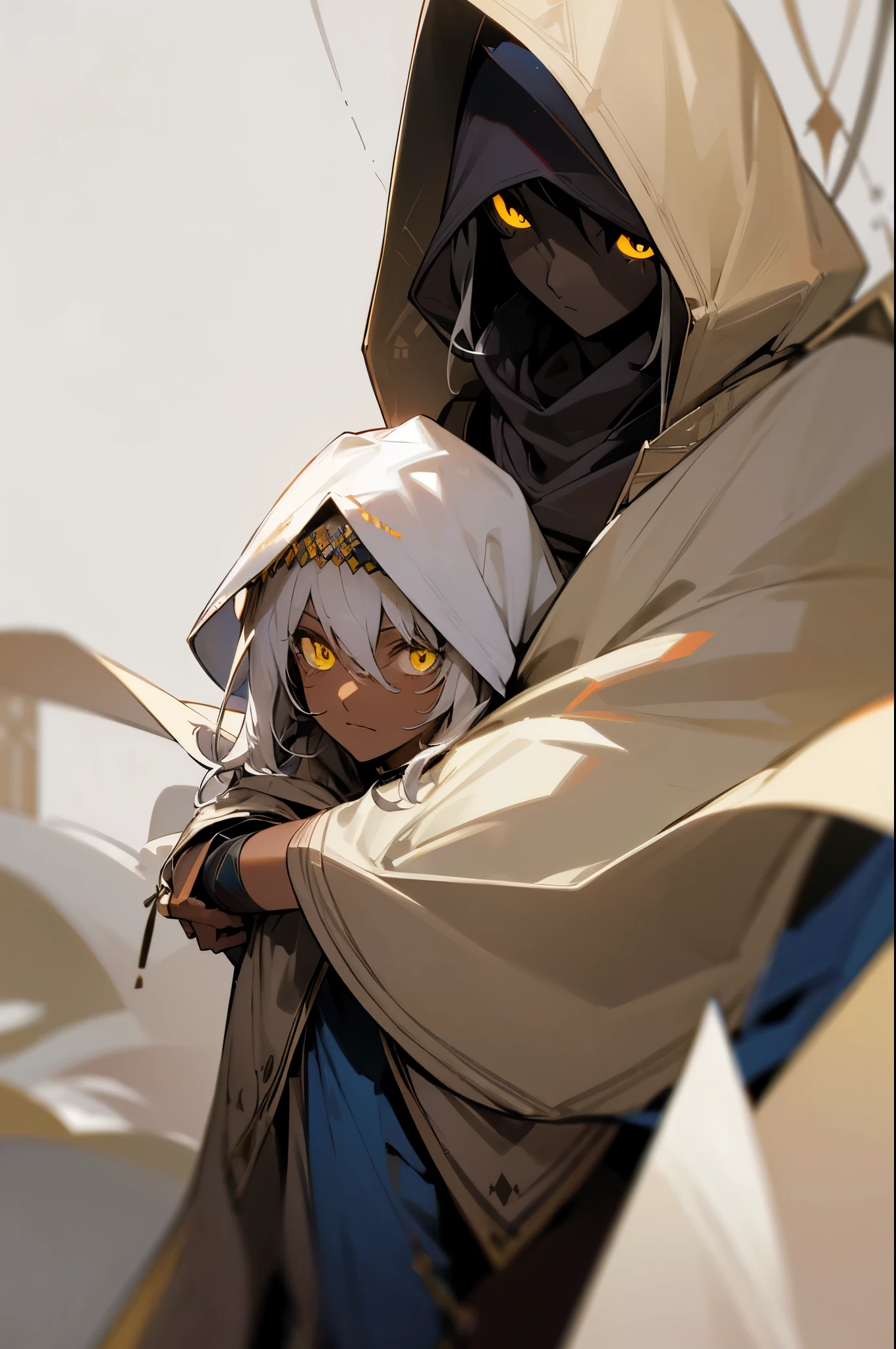 est res, highest res, absurd res, (((((dark skin))))), yellow eyes, whitish hair, (((nomad cloak))), 1girl, absurd res, good fac
