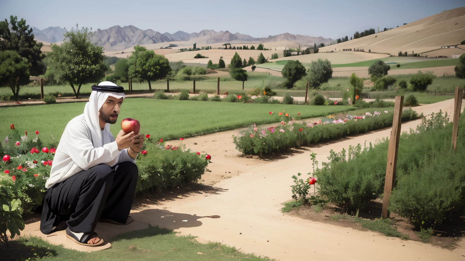 A middle eastern man eating an apple HD anime style rural landscape, Rural vegetable garden