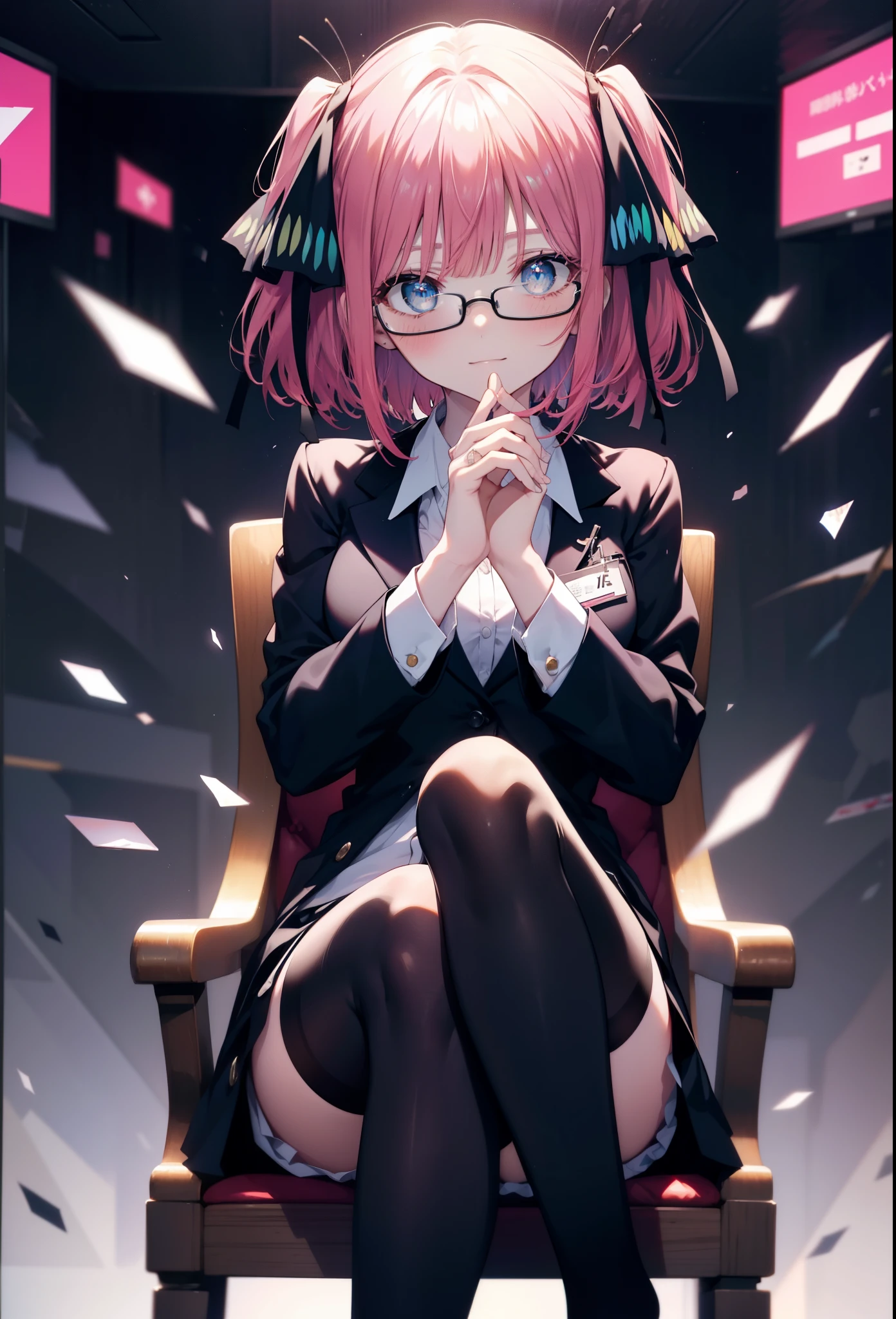i was silent, nino nakano, short hair, bangs, blue eyes, hair ornaments, hair ribbon, pink hair, blunt bangs, two side up, butterfly hair ornaments,OL, red glasses, end, black suit jacket, collared jacket, white dress shirt, collared shirt, neckline, button, strap, ID card on neck, black pencil skirt, black pantyhose, stiletto heels,sitting cross-legged on a chair,There is a computer on the desk.,smile, blush, morning,
break indoors, オフィス
break looking at viewer, break (masterpiece:1.2), highest quality, High resolution, unity 8k wallpaper, (figure:0.8), (detailed and beautiful eyes:1.6), highly detailed face, perfect lighting, Very detailed CG, (perfect hands, perfect anatomy),