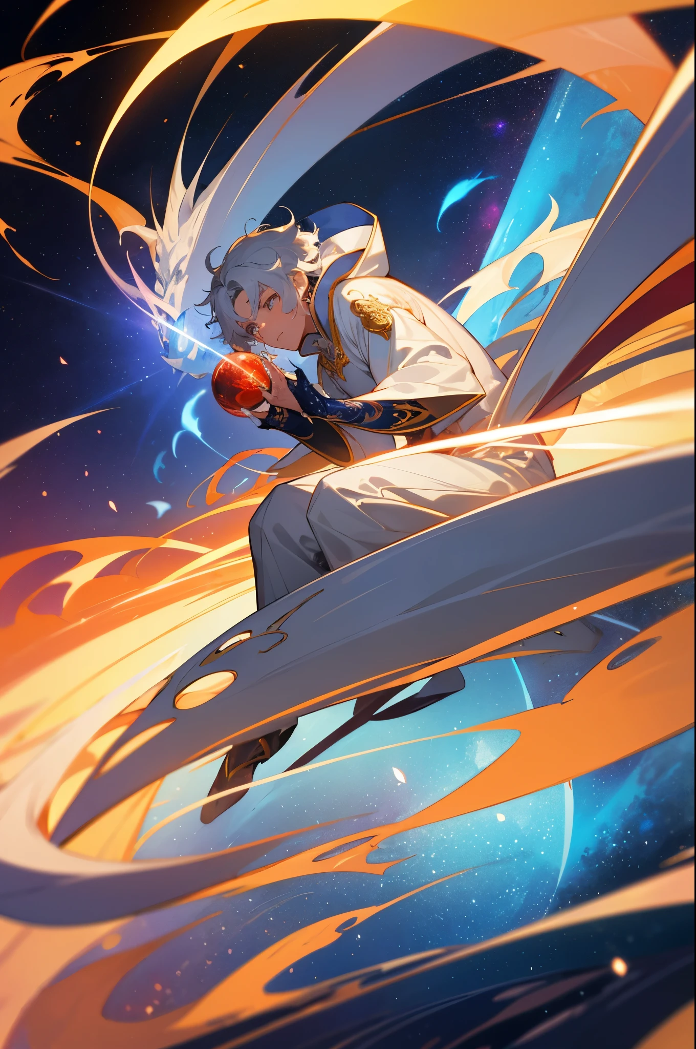 A man with short white curly hair, seated and clad in a white shirt with a hood, holds a sphere of energy with a calm expression. Behind him, galaxies stretch out, engulfed by blue flames, golden rays, and vivid red ones. The Chinese white dragon hovers in motion at high speed, expressions of dynamism. In this panoramic emergency, intricately detailed 16K level images are generated, showcasing multi-angle light and shadow effects.