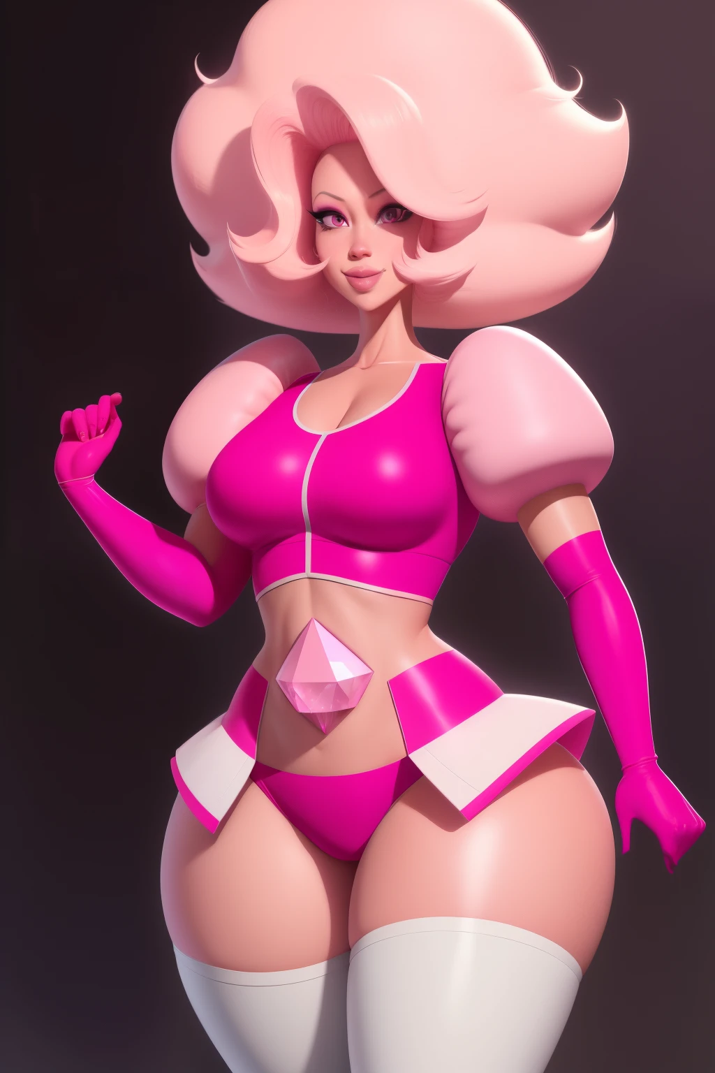 pnkdamond, pink hair, pink eyes,  big hair,  stomach gem,  pink skin,  toned, 
puffy short sleeves, elbow gloves ,  white thighhighs,   puffy dress, 
standing, upper body, 
 outerspace,  
(insanely detailed, beautiful detailed face,beautiful detailed eyes, masterpiece, best quality) cinematic lighting,  smile, 
 