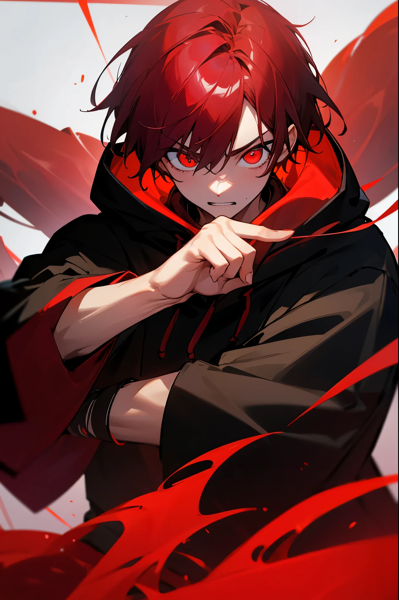 Boy with red glowing radiant ayes sa face wearing black hoodie perfect hands