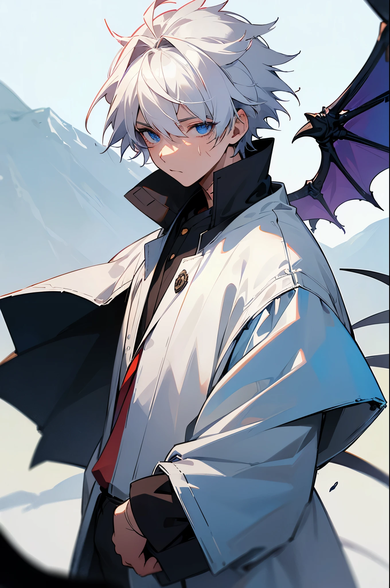 ((Masterpiece, highest quality)), detailed face, 1boy, young boy, white coat, torn clothes, blue eyes, (((scar over eye))), short hair, spiky, messy hair, white hair, white horns, dragon wings, mountains background, ice