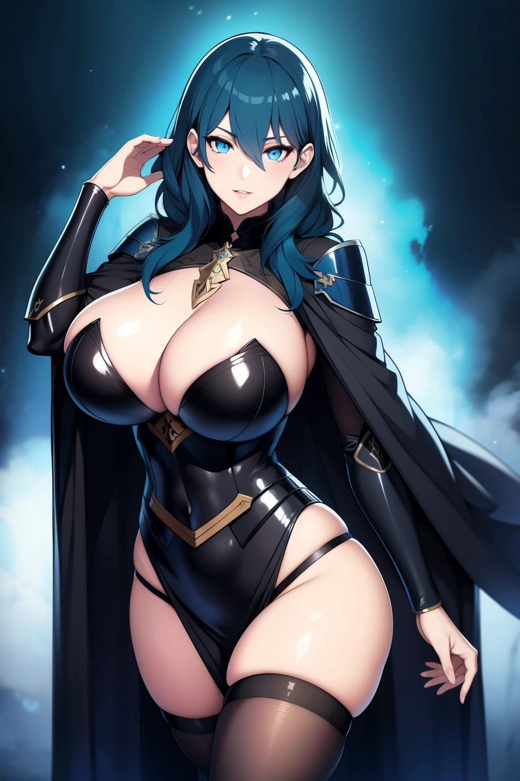 An anime-style artwork depicting Byleth from the game Fire Emblem: Three Houses.

Tags: Byleth, protagonist, anime, detailed eyes, gigantic breasts, detailed lips, blue hair, mercenary attire, sword-wielding, seductive smile, intense gaze, glowing emblem on hand, dynamic pose, mystical background, vibrant colors, digital art, high-resolution, professional quality, gigantic breasts, ((cowboy shot))