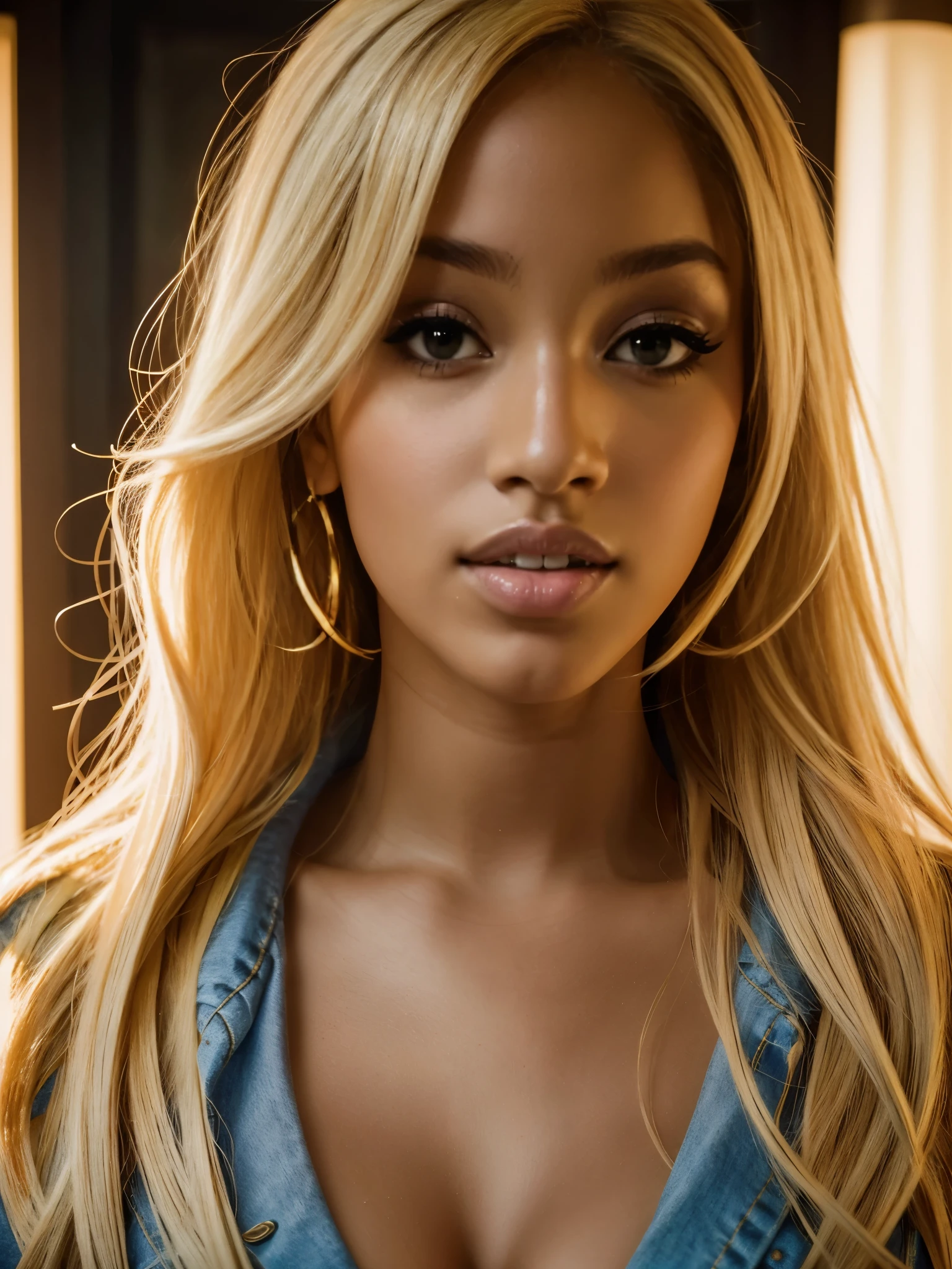 Foto hiperrealista en primer plano de Cardi B, masterpiece, best quality, (photorealistic:1.4), close-up portrait, (loose fashion clothing:1.1), blond long loose curls, professionally posing for a classy photoshoot, neons, cinematic light, beautiful woman, skinny, large breasts, perfect body, detailed face, slutty face, looking straight at the camera, photo taken from a distance