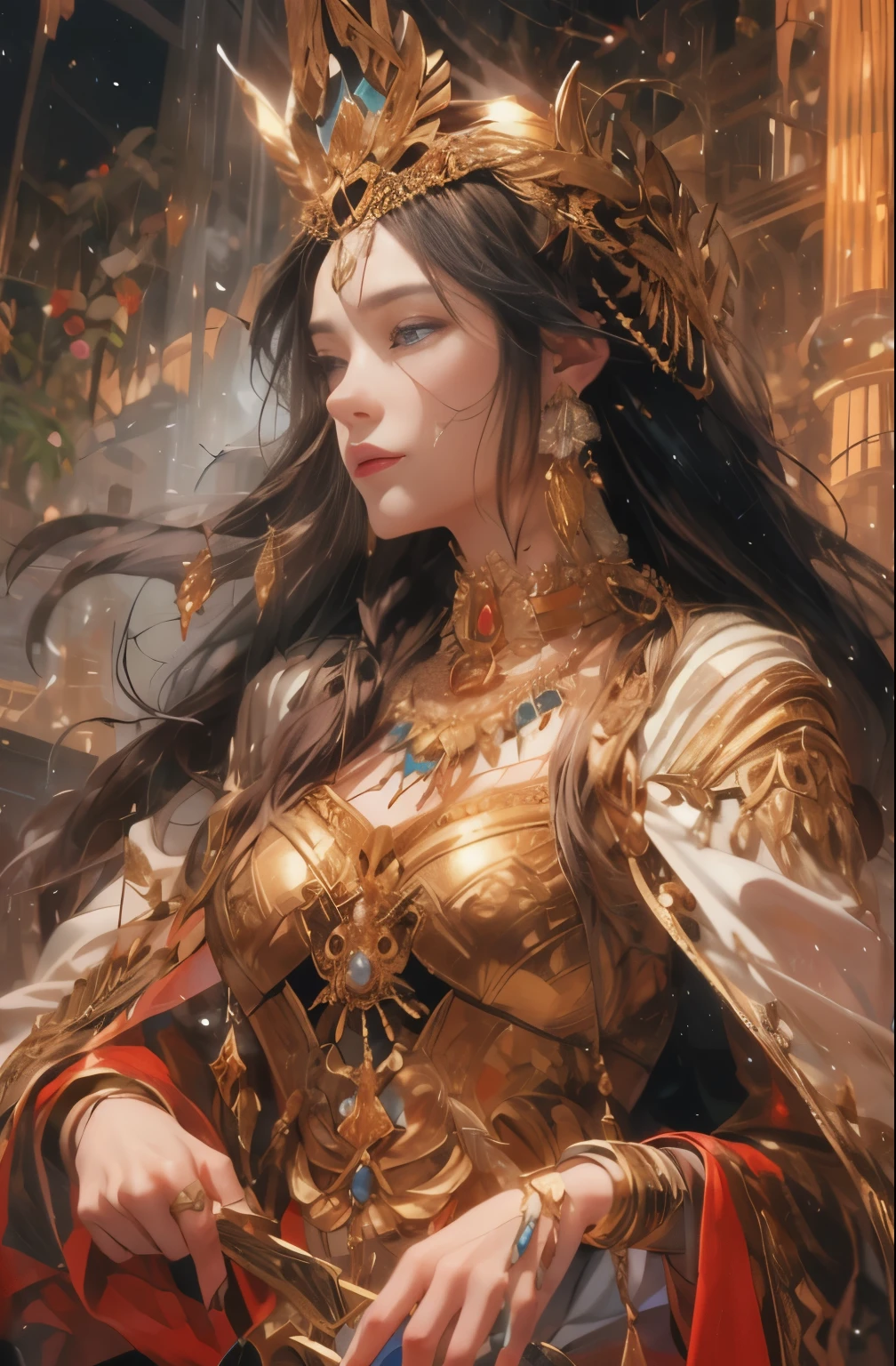 Gold and red tones、fantasy、Ancient mythology、ancient mesopotamia、hour of dusk、Mysterious、solemnity、majestic、highest quality, masterpiece、Ishtar, goddess of war、majestic hall々, battlefield commander、Guardian of Babylon、increase fighting spirit、queen of babylon, invincible general、Majestic Hall々、Brave、glory of babylon、honor of babylon、Treasure of Babylon, veteran hero、The unparalleled beauty of elongated eyes、refinement、Noble、i am proud、Wearing Noble jewelry、Equip your weapons、looks like fancy golden armor、cloak fluttering in the wind、Tall and lean、fiery red long hair、perfect angle、perfect composition、Low - Angle、Full body Esbian, Works that influenced Chen Yifei, Works that influenced Francesco Hayes, Inspired by Hendrik Terbruggen, Jean=Works that influenced Auguste Dominique Ingres, Works that influenced Liu Jun, Jean=Works that influenced Auguste Dominique Ingres, highest quality, perfect angle, perfect composition, best shot, official art, cinematic light, figurative art, Beautiful and expressive paintings, Beautiful artwork illustration, wonderful, cool beauty, clear, Mysterious, highest quality, official art, Very delicate and detailed painting style, Beautiful painting art, perfect light, perfect composition, perfect angle, The perfect subject, best shot, women only, sharp outline, pretty much beautiful face, very beautiful and delicate eyes, delicate and beautiful eyes, Close-up