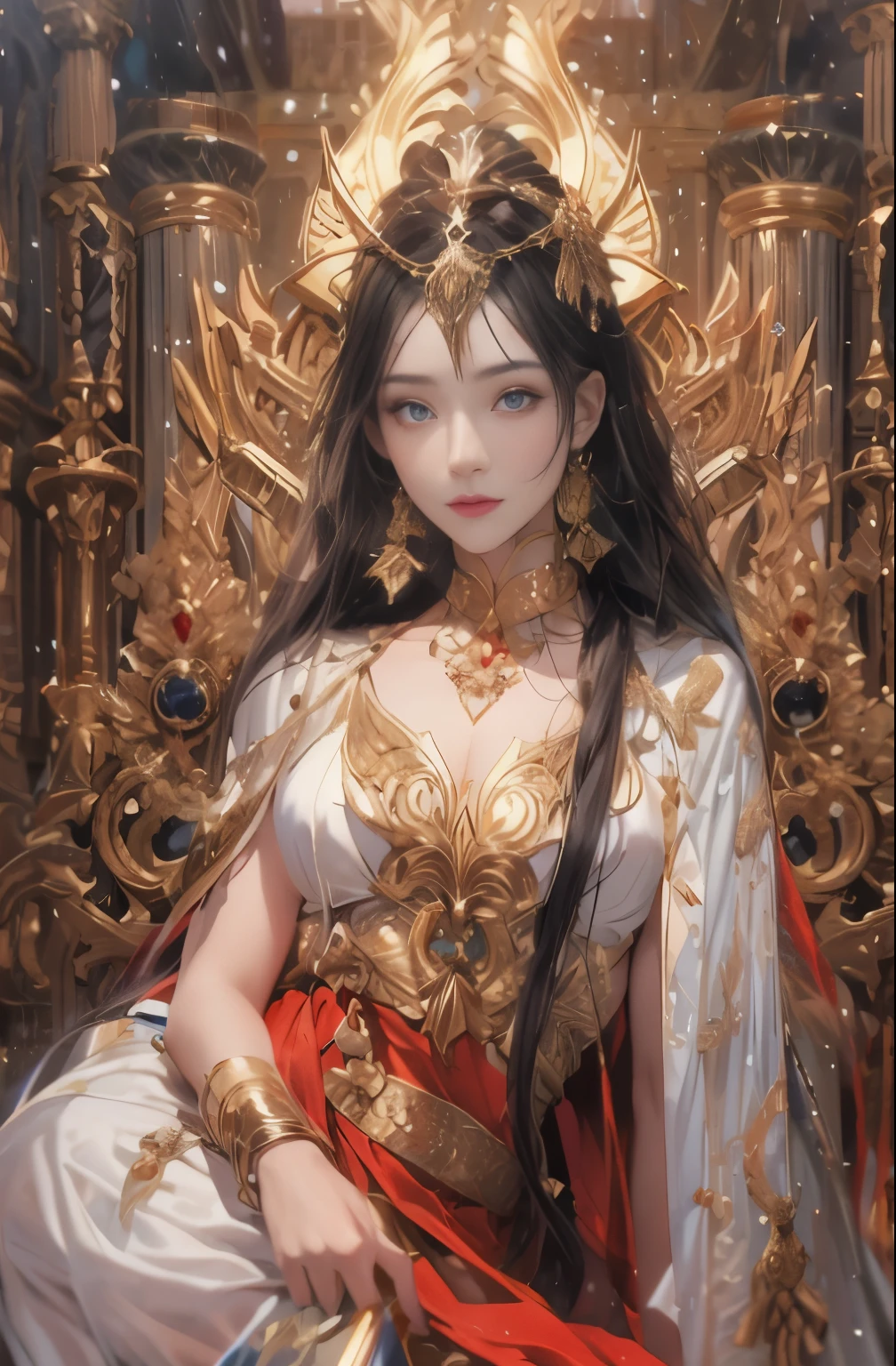 Gold and red tones、fantasy、Ancient mythology、ancient mesopotamia、hour of dusk、Mysterious、solemnity、majestic、highest quality, masterpiece、Ishtar, goddess of war、majestic hall々, battlefield commander、Guardian of Babylon、increase fighting spirit、queen of babylon, invincible general、Majestic Hall々、Brave、glory of babylon、honor of babylon、Treasure of Babylon, veteran hero、The unparalleled beauty of elongated eyes、refinement、Noble、i am proud、Wearing Noble jewelry、Equip your weapons、looks like fancy golden armor、cloak fluttering in the wind、Tall and lean、fiery red long hair、perfect angle、perfect composition、Low - Angle、Full body Esbian, Works that influenced Chen Yifei, Works that influenced Francesco Hayes, Inspired by Hendrik Terbruggen, Jean=Works that influenced Auguste Dominique Ingres, Works that influenced Liu Jun, Jean=Works that influenced Auguste Dominique Ingres, highest quality, perfect angle, perfect composition, best shot, official art, cinematic light, figurative art, Beautiful and expressive paintings, Beautiful artwork illustration, wonderful, cool beauty, clear, Mysterious, highest quality, official art, Very delicate and detailed painting style, Beautiful painting art, perfect light, perfect composition, perfect angle, The perfect subject, best shot, women only, sharp outline, pretty much beautiful face, very beautiful and delicate eyes, delicate and beautiful eyes, Close-up