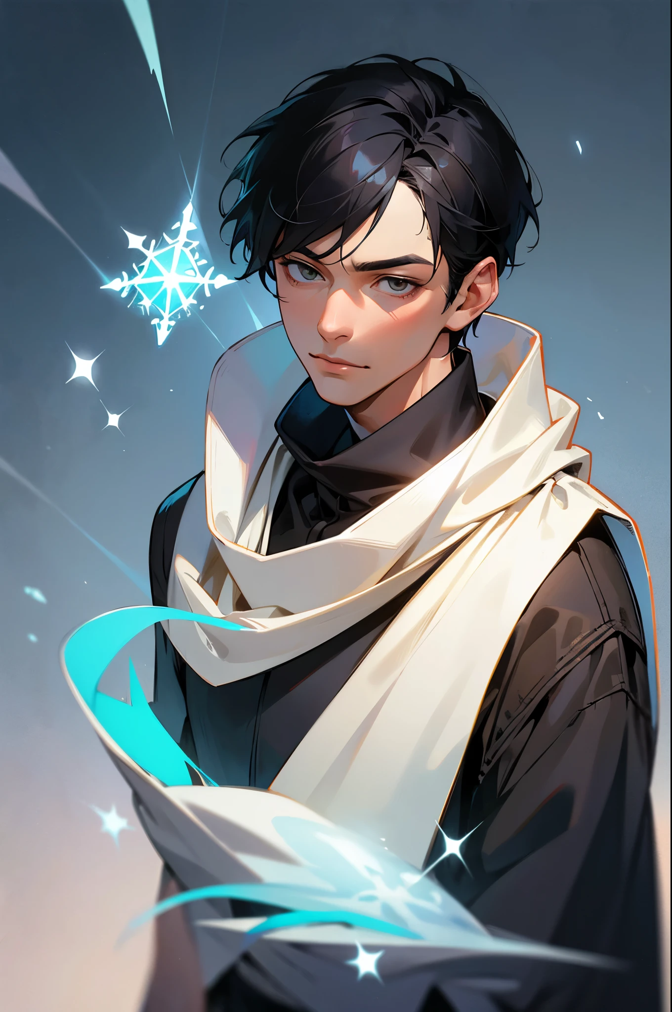 Realistic, (masterpiece, top quality, best quality, official art), very detailed, colorful, most detailed, gods, short hair, black hair, (magic), handsome man, snowflake, white scarf