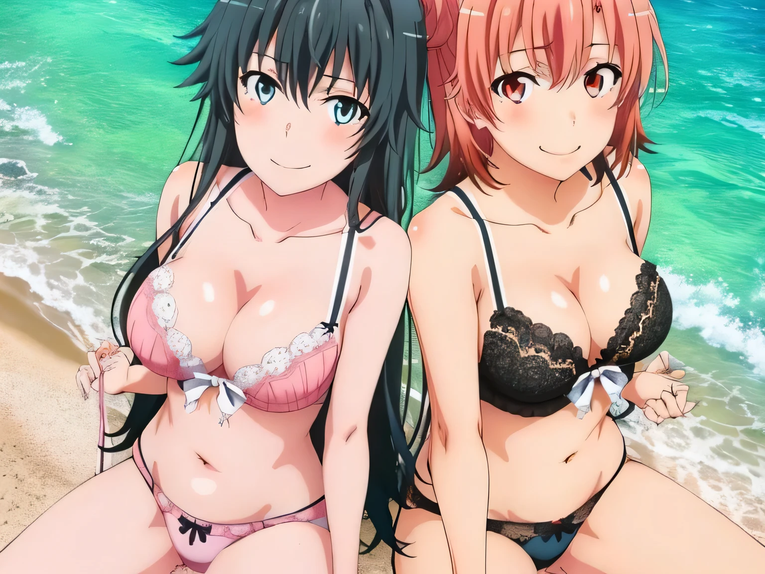 2 girls , Yukinoshita Yukino , yuigahama yui'bust and thighs are great,In underwear,Ocean,squat forward,Silk Bra,belly button,light pink panties,white panties,thighs,knee calf,hold the calf with both hands,raise your legs,(high angle),(beautiful eyes),open your mouth,smile,Insert your head