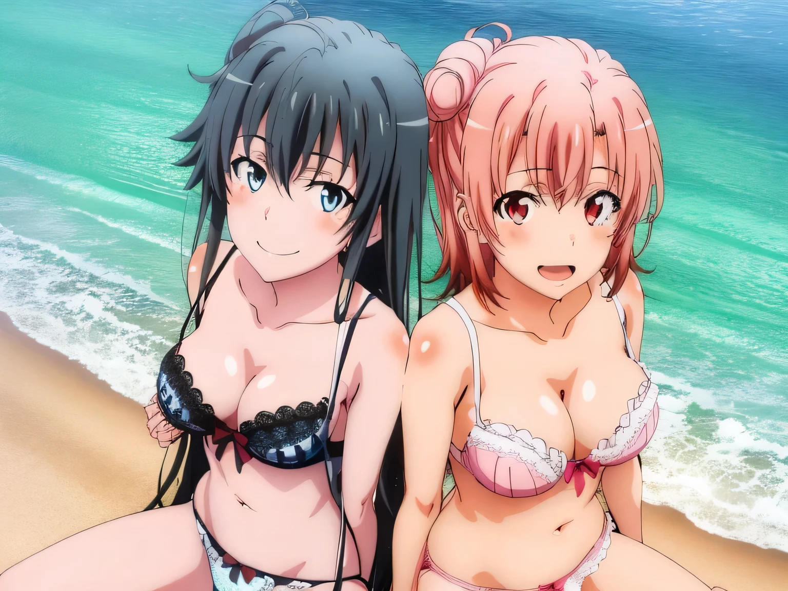 2 girls , Yukinoshita Yukino , yuigahama yui&#39;bust and thighs are great,In underwear,Ocean,squat forward,Silk Bra,belly button,light pink panties,white panties,thighs,knee calf,hold the calf with both hands,raise your legs,(high angle),(beautiful eyes),open your mouth,smile,Insert your head
