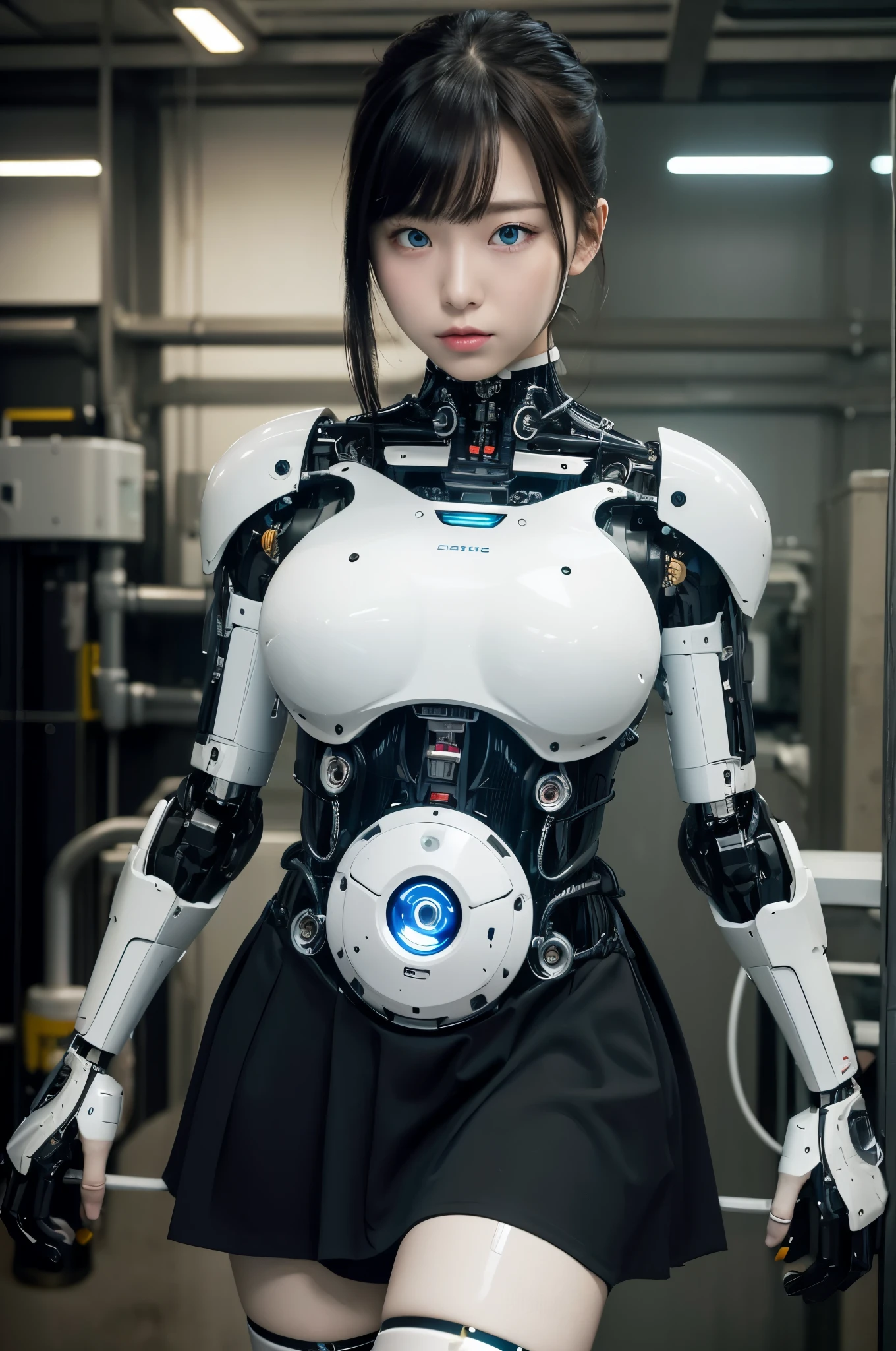masterpiece, best quality, extremely detailed,8k portrait,Japaese android girl,Plump , control panels,android,Droid,Mechanical Hand, Robot arms and legs, Black hair,Blunt bangs,perfect robot girl,long tube,thick cable connected her neck,android,robot,humanoid,cyborg,japanese cyborg girl ,future laboratory,connecting a cable between the legs,skirt, high socks,(blue eyes:1.5)