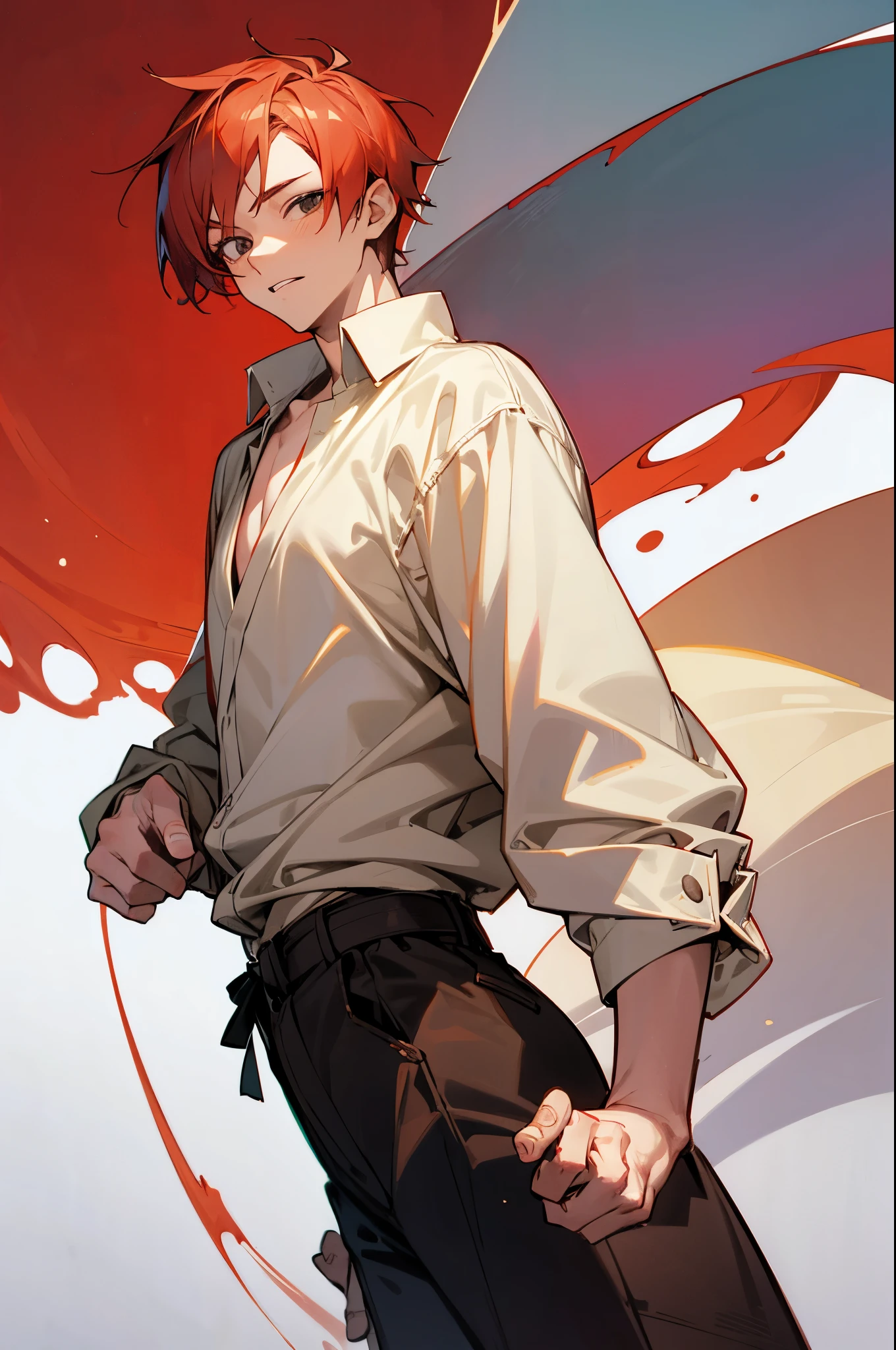 (Best Quality)), ((masutepiece)), Perfect face,1boy,man in his 20s,twinks,from waist up,cool,Red-haired,dynamic ungle,smart,adult-like