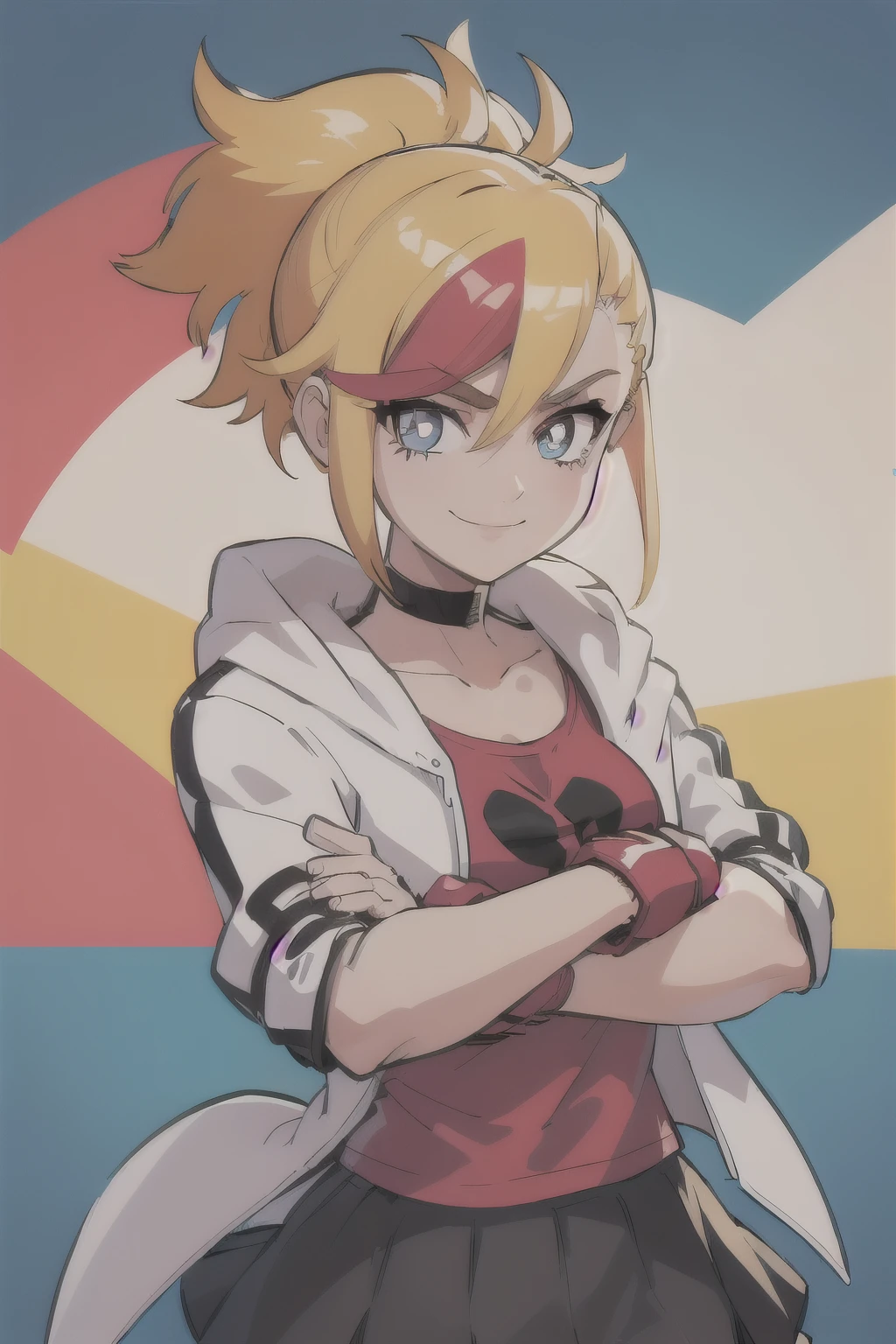 (masterpiece, best quality:1.2), solo, 1girl, mdrin, smile, looking at viewer, crossed arms, ponytail, v-shaped eyebrows, white jacket, red shirt, fingerless gloves, black skirt, choker
