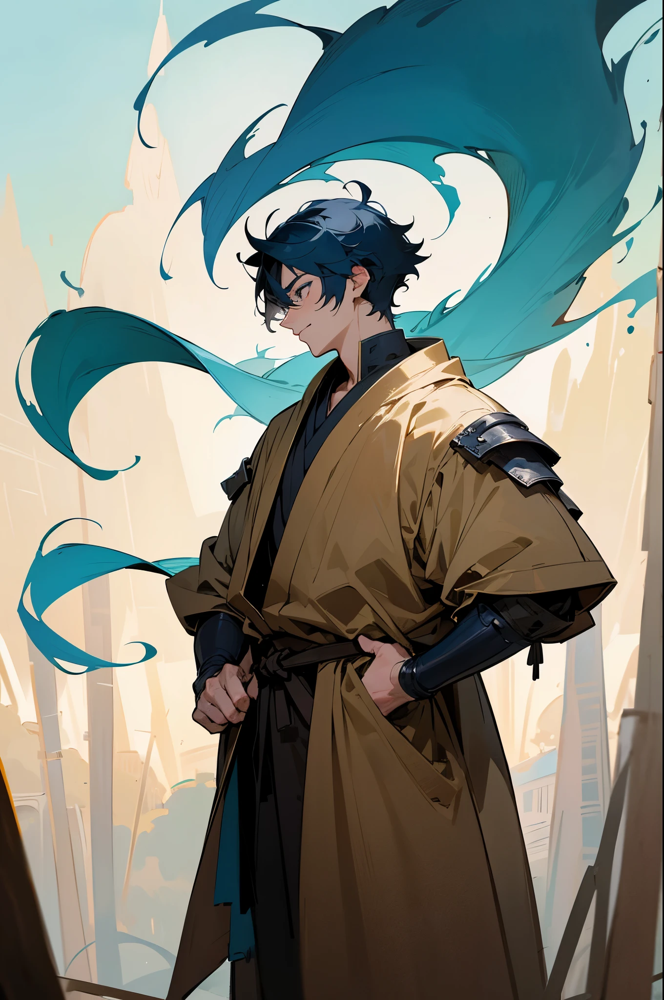 Male character, solo, dark blue hair, wolfcut messy hairstyle, adult, ninja, short hair, spiky down hair, messy hair, cyan eyes, medieval outfit, poor knight, fighting clothes, cool, ikemen, handsome, aesthetic, illustration, anime artstyle, masterpiece, best quality, calm personality, detailed, 1man, professional artwork, digital art, chill, basic expression, adult, irresistible, gorgeous, looking you, pure art, situational scene, scenario, 4k, hd, wolf style, looking happy, lovely, confused, clumsy, tall, dark and beige clothes, outdoors, forest