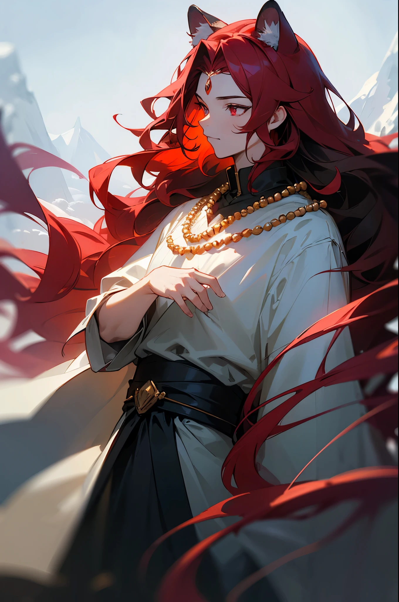 (masterpiece, best quality:1.2),1boy, upper body,tail, large tail, red hair, very long hair, wavy hair, red eyes, detailed eyes, multicolored hair, circlet, bead necklace, animal ears, leopard ears, black cape, white dress, hip vent, pelvic curtain, snowy, snowy mountains, blizzard, volumetric lighting, subsurface scattering, cinematic lighting, chiaroscuro, floating hair, hand on own chest, mature look, human ears covered by hair
